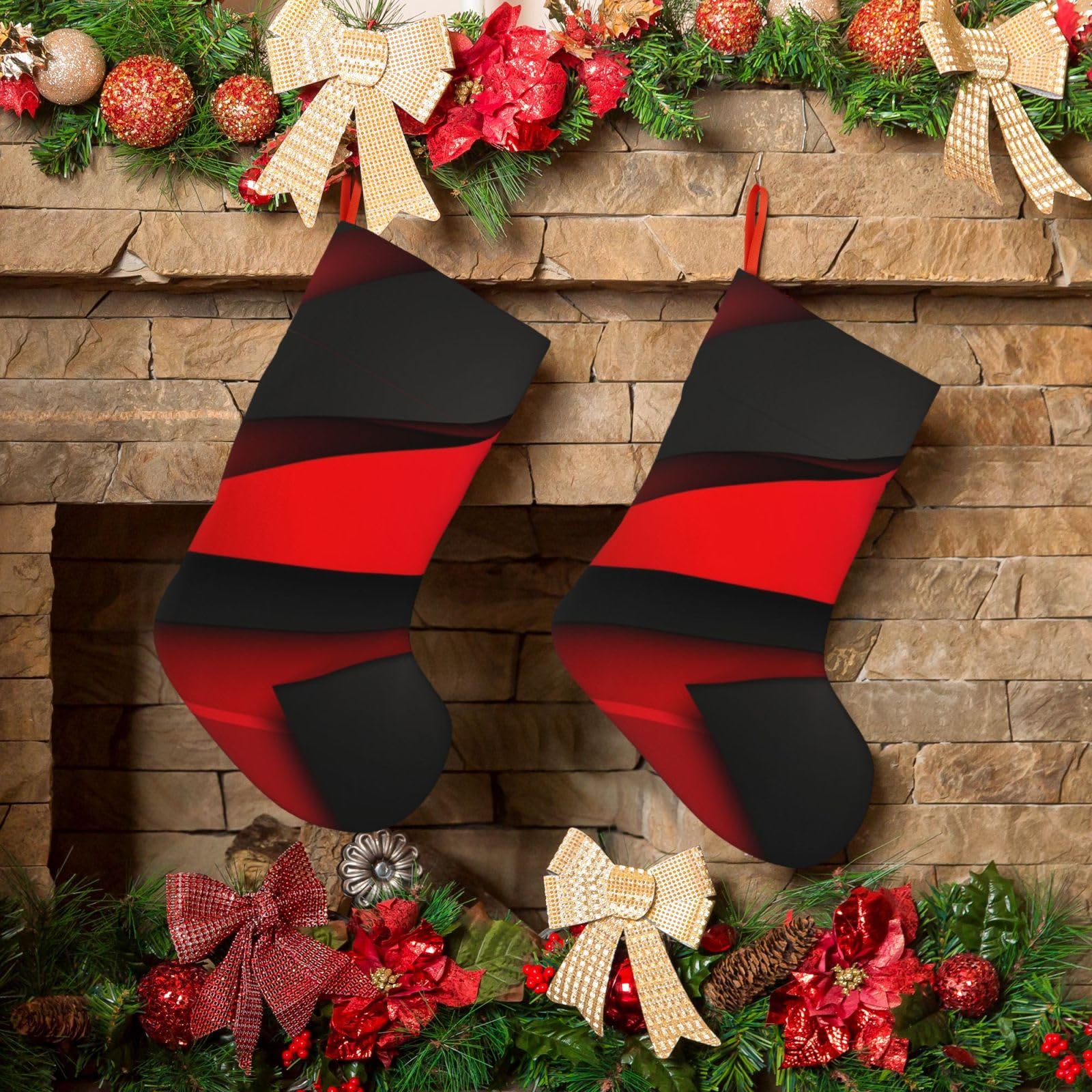 KLOPH Christmas Stockings 18" Personalized Xmas Stocking Red Black Decoration Stocking Hanging Fireplace Stocking for Holiday Xmas Tree Christmas Fireplace Decor