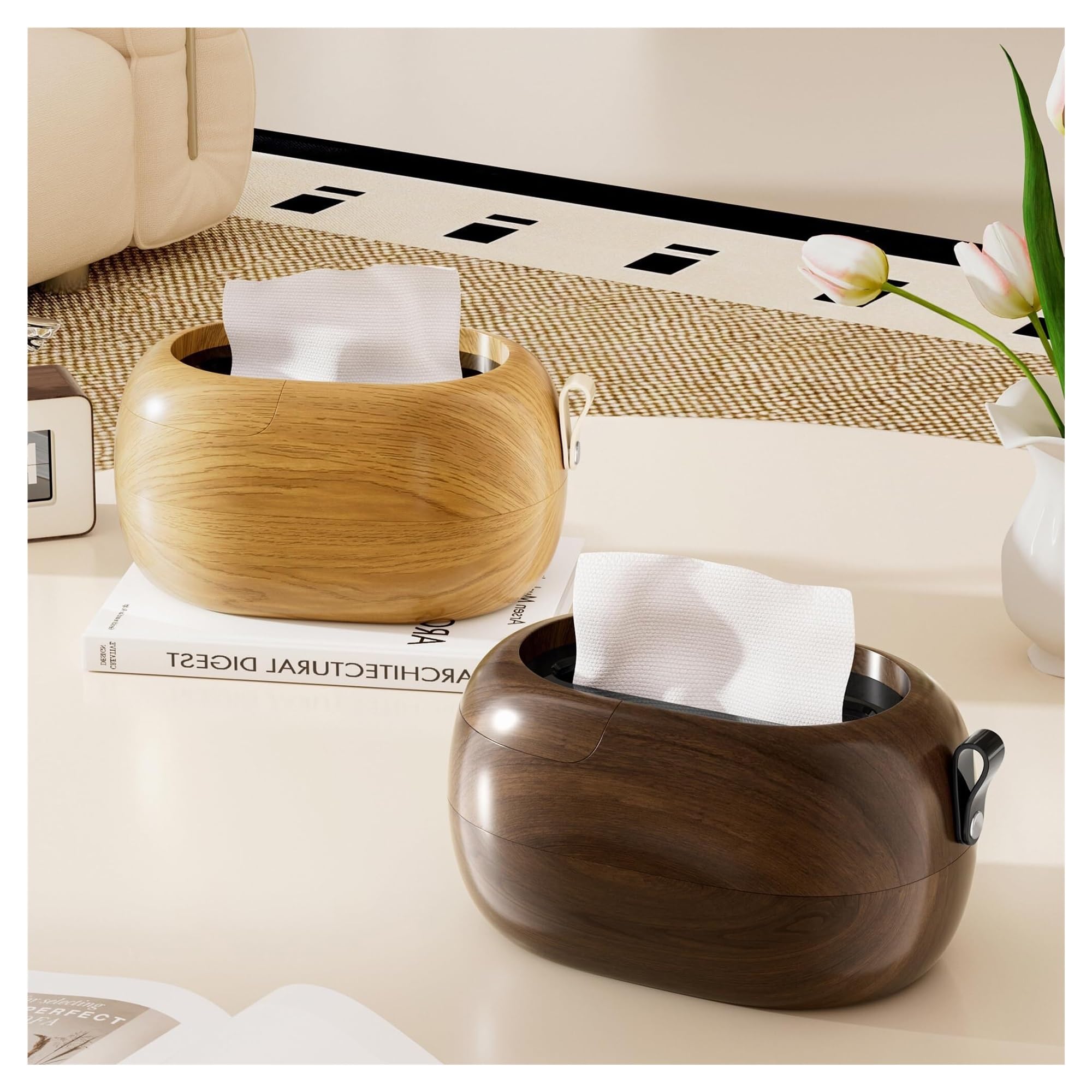 Ozdobne pudełko na chusteczki Vintage uchwyt na chusteczki z pokrywką ścienną, imitacja drewna, owalny uchwyt wbudowana sprężyna estetyczny wystrój domu (1 x Walnut+1 Beech)