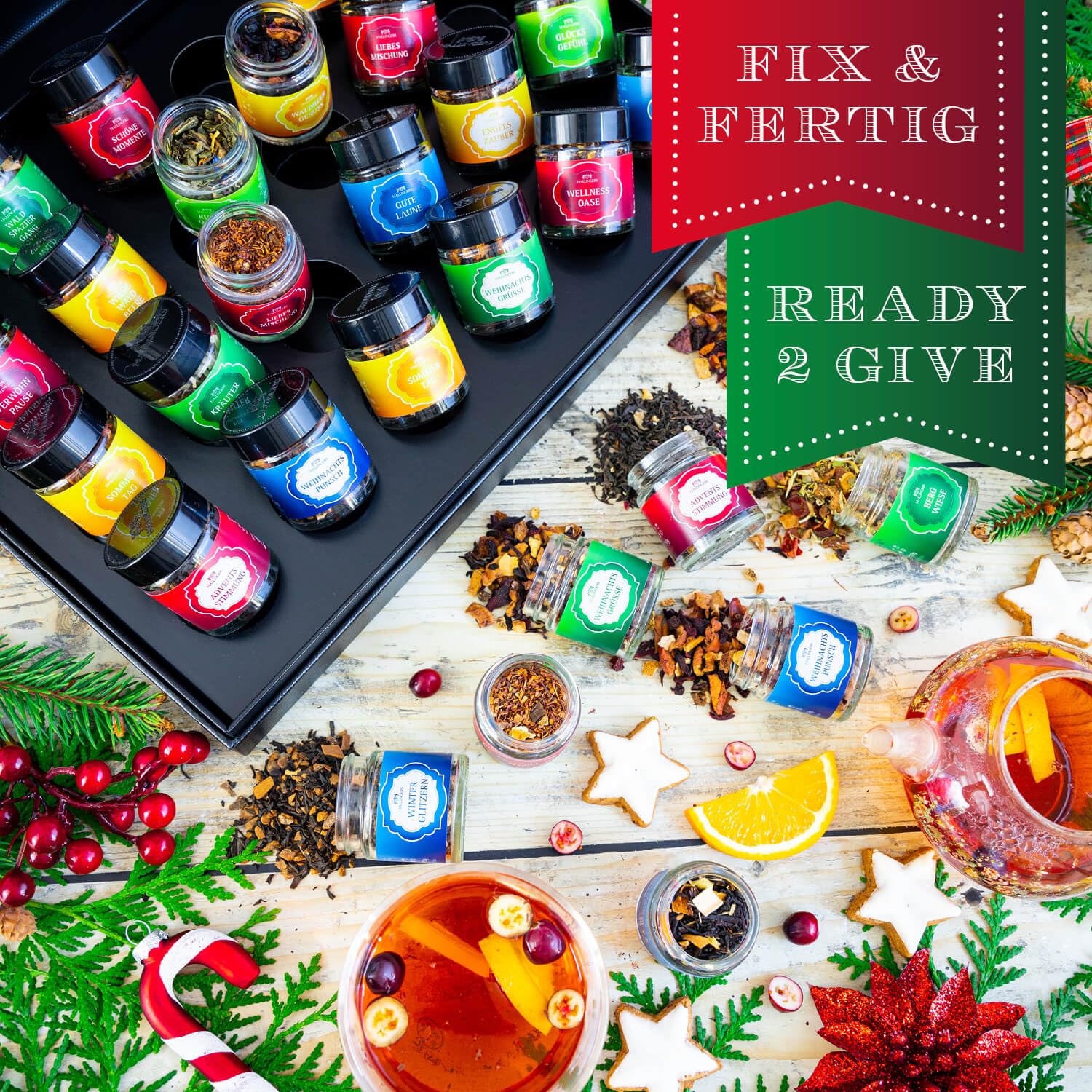 Hallingers Genuss Manufaktur Tee Weihnachts-Geschenk-Set - 24 Sorten premium loser Tee Probierset in edler Geschenkbox mit Rezept-Booklet "Frohe Weihnachten", Weihnachten für Frauen Männer