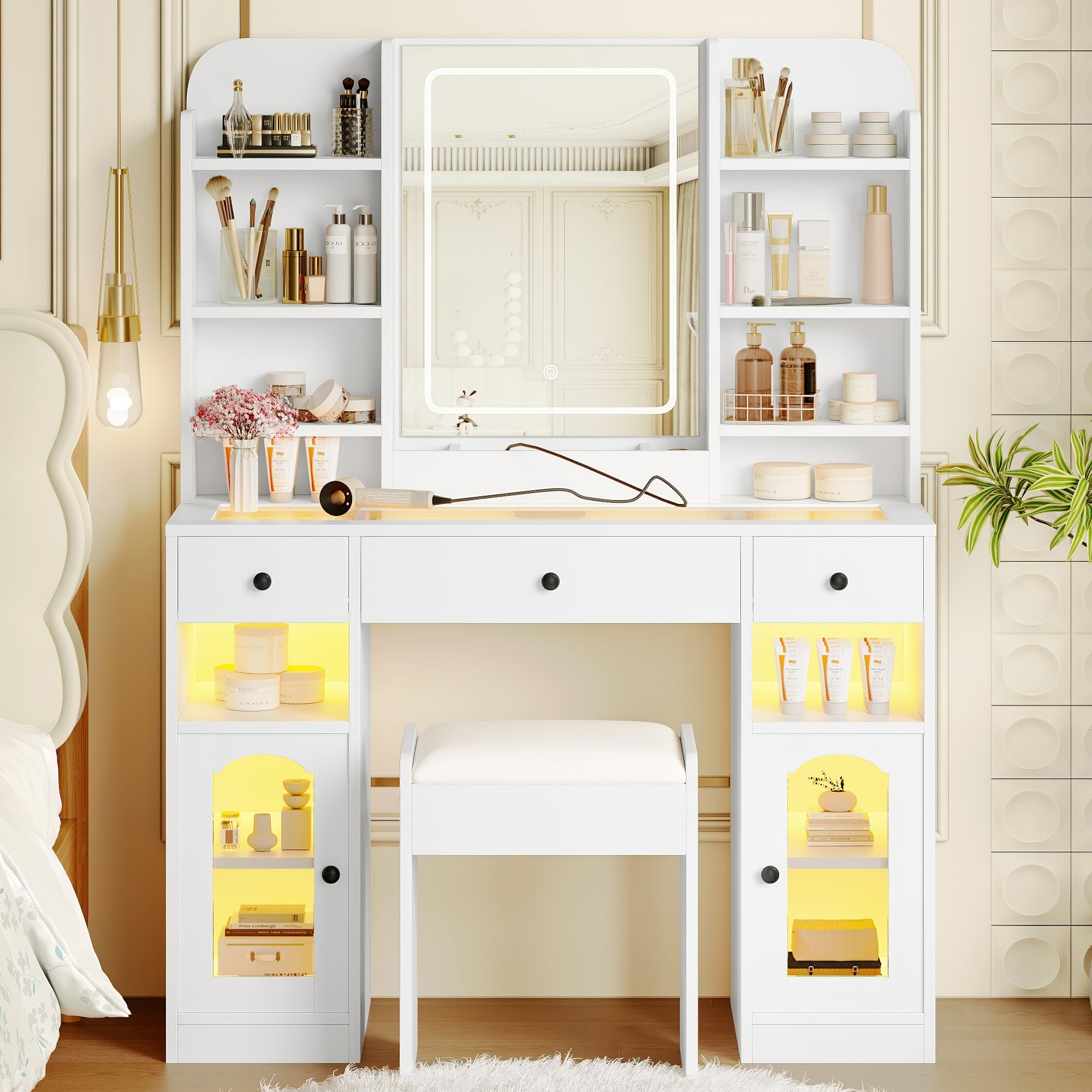 JIVOIT 43.2" Vanity Desk with Mirror, Dressing Table with 3 Drawers, Storage Shelves and Stool, 2 Glass Cabinets, Modern Glass Top Vanity with for Bedroom (White,032)