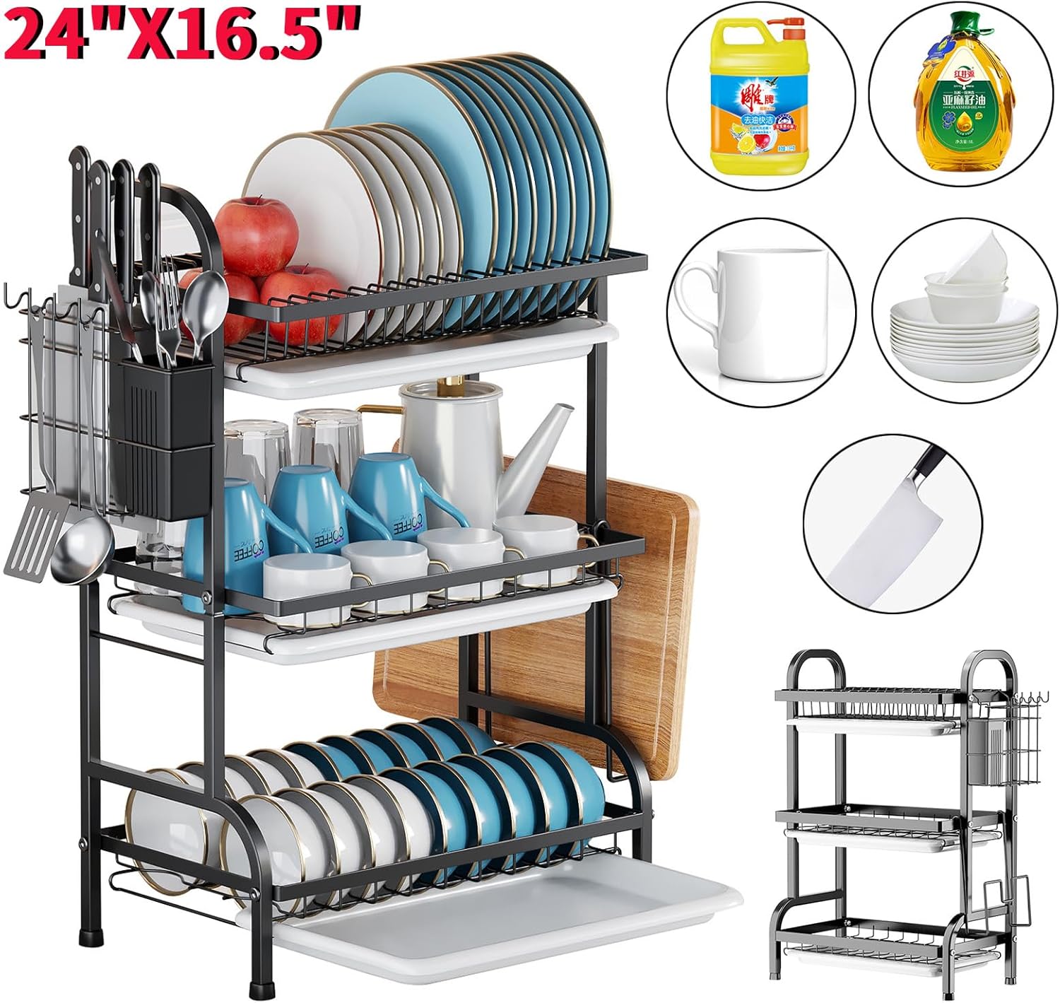 KUK 3 Tier Dish Drying Rack, Large Stainless Steel Over The Sink Dish with Drain Tray, Kitchen Dishes Drying Racks, Dish Racks for Kitchen Counter Storage (Black)