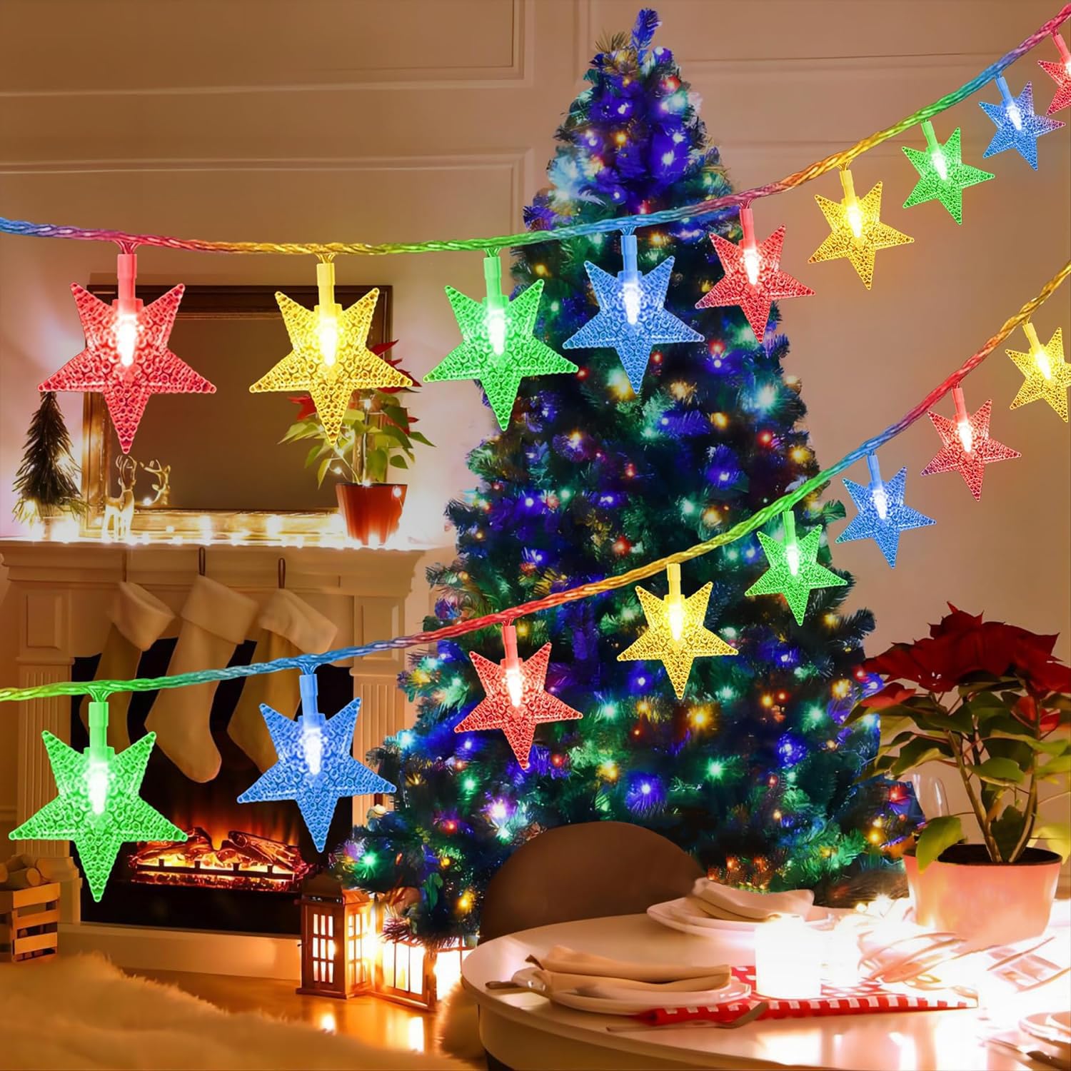 Goodern Christmas Star String Lights,3M 20 LED Colored Fairy Lights Battery Operated Waterproof Indoor Outdoor Twinkle Christmas Lights, Hanging Wall Lights for Garden Party Xmas Tree Decoration-Multi