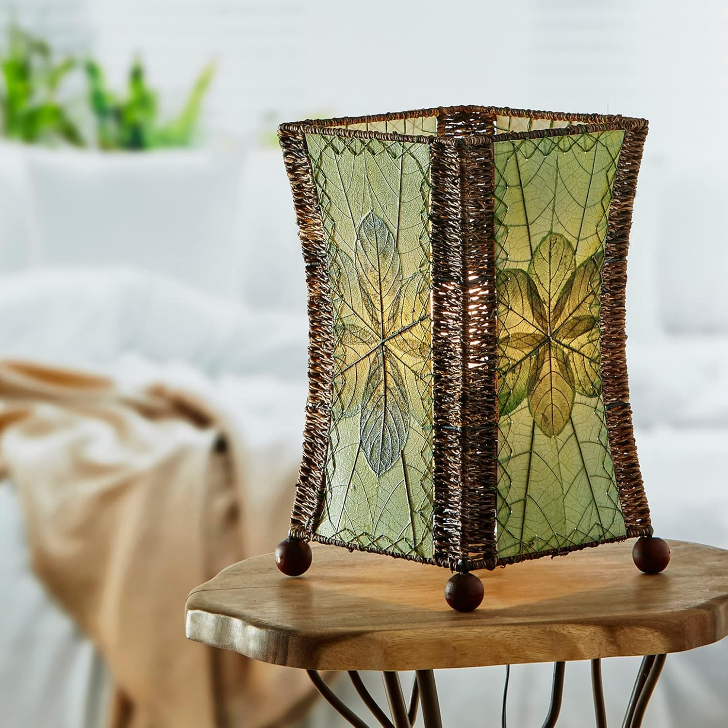 Eangee Home Design Hourglass Table Lamp Green Shade Made of Real Jackfruit Leaves 10 Inches Length x 10 Inches Width x 15 Inches Height (553 t g)