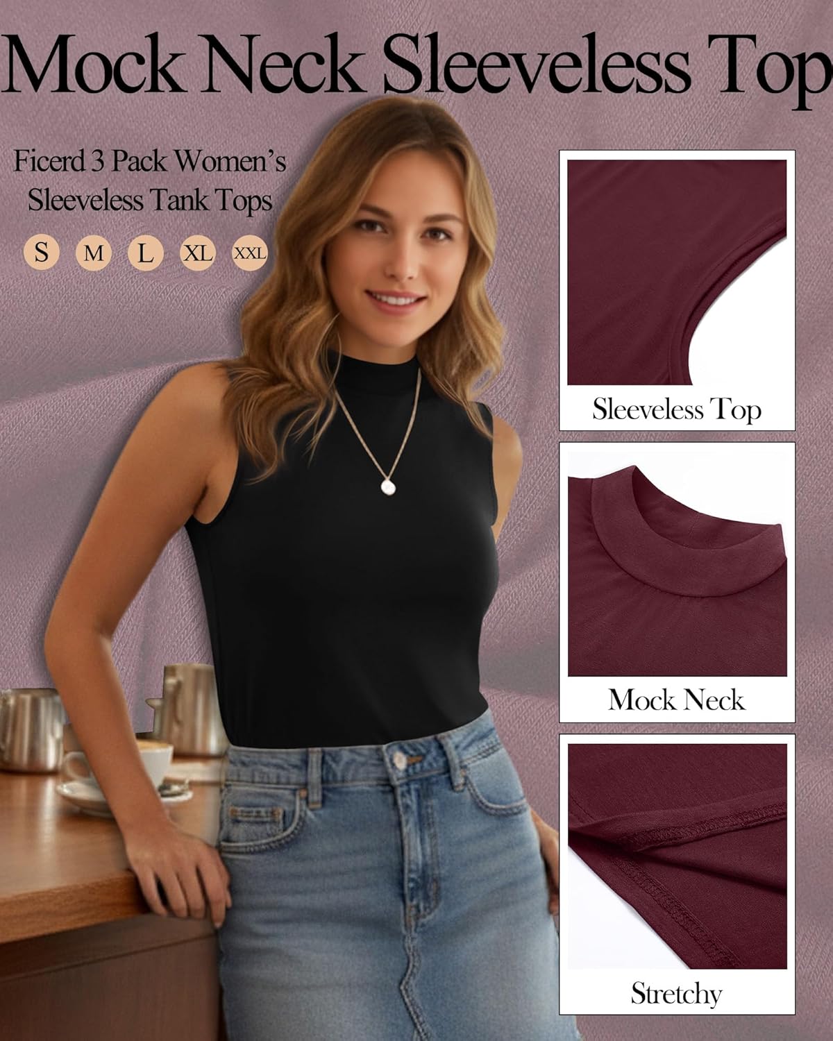 Ficerd 3 Pack Women's Sleeveless Tank Tops, Mock Neck Summer Shirts Slim Stretch Basic Tops Lightweight Knit Tee - Image 6