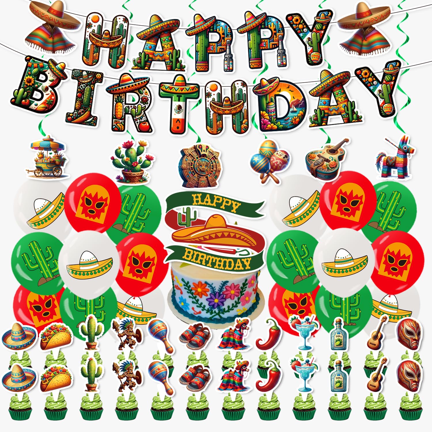 Mexican Birthday Decoration Set, Mexico Fiesta Happy Birthday Banner, Party Supplies with Banner, Hanging Swirl, Balloon, Cake Topper, Cupcake Topper