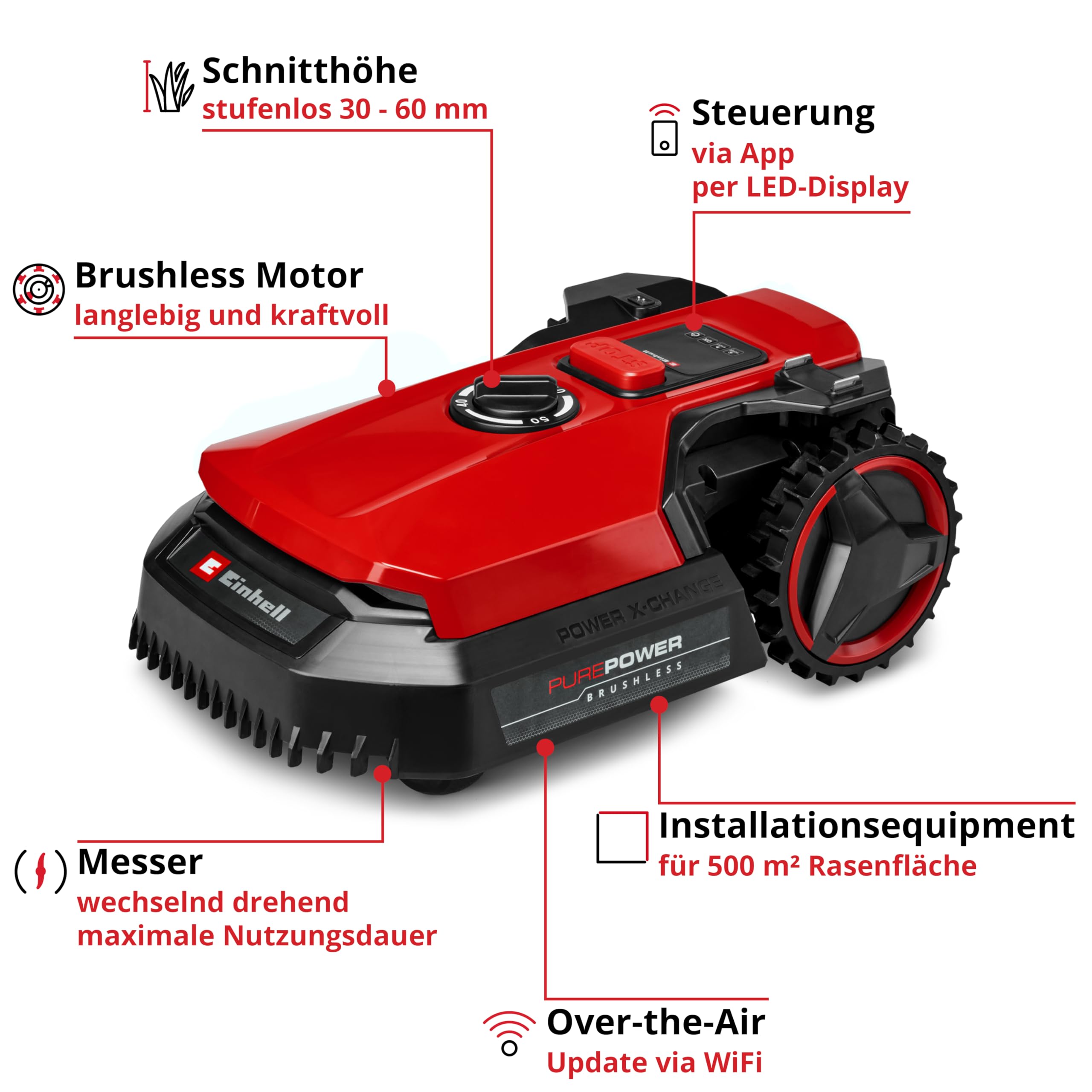 Einhell Mähroboter FREELEXO 500 Power X-Change (18 V, App-Steuerung, IPX5, Over-the-Air Updates via Wi-Fi, inkl. Installationsequipment für 500 m² + 2,5 Ah Plus Akku)