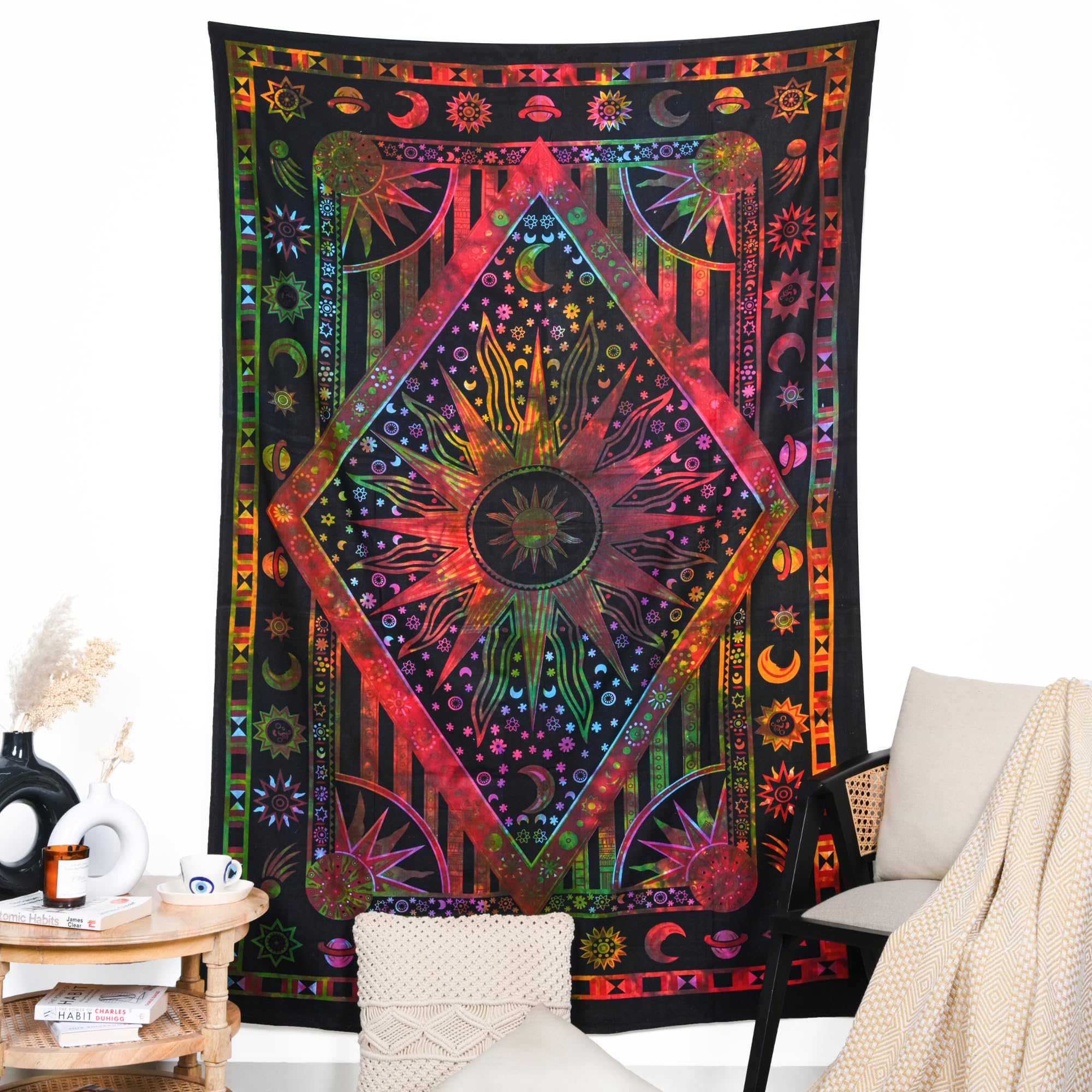 RAJRANG Sun and Moon Tapestry Cotton Bohemian Wall Hanging for Bedroom, Celestial Zodiac Orange Mandala Decor 30x40 Inches