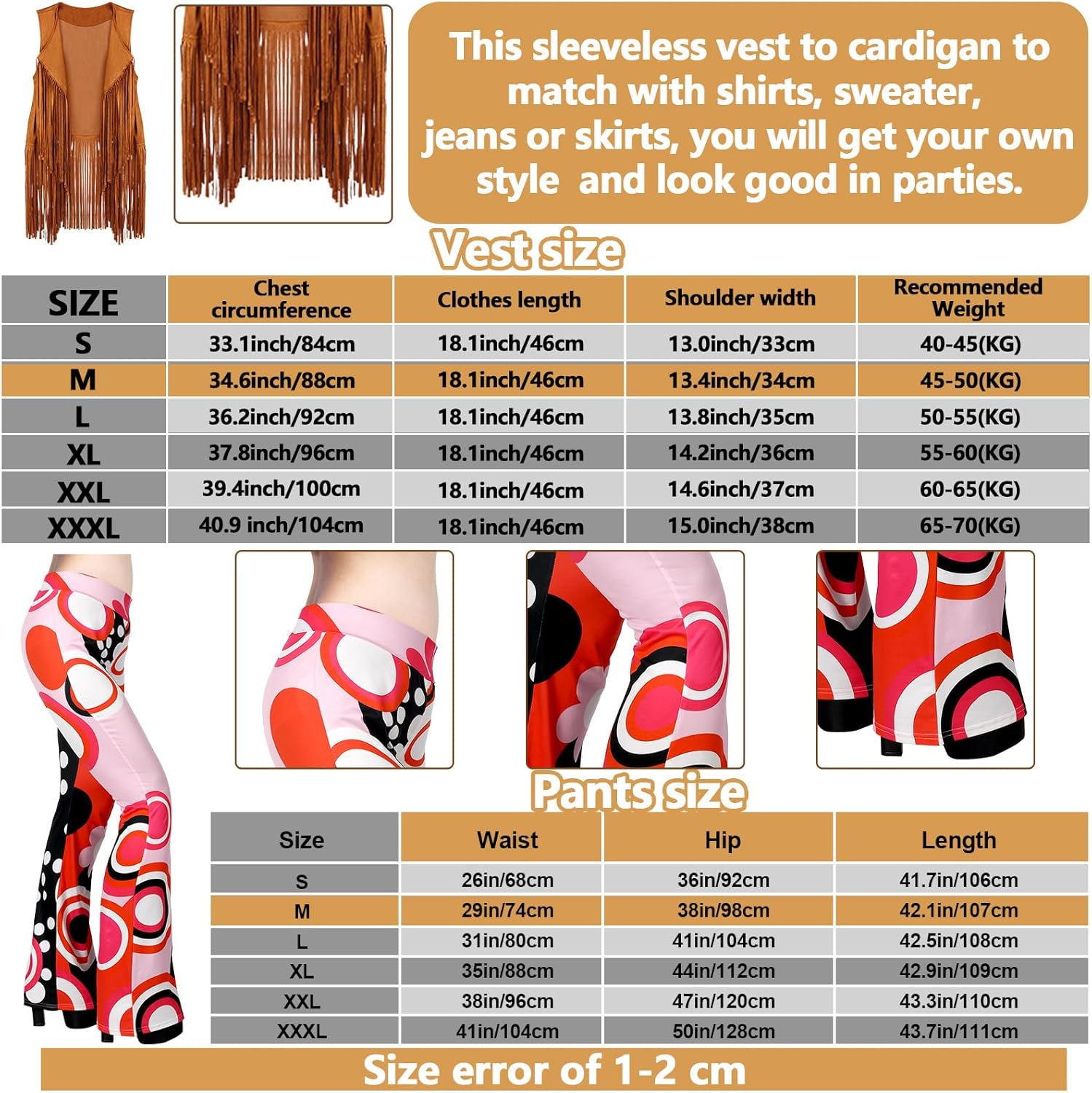 Haull 7 Pcs 60s 70s Disco Hippie Outfits for Women Halloween Costume Set Boho Flared Pants Fringe Vest Peace Sign - Image 3