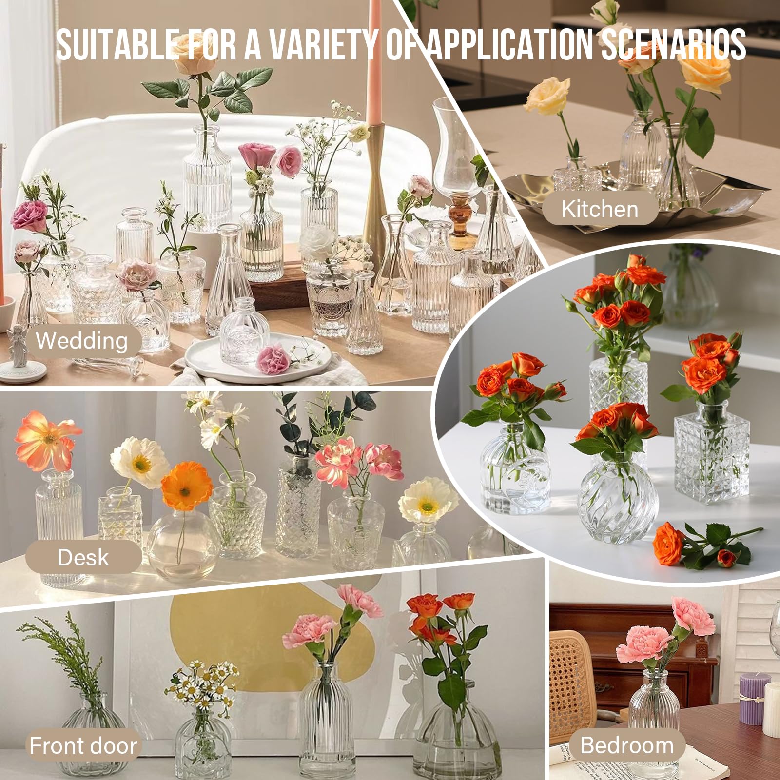 Bud Vases in Bulk, Clear Glass Bud Vases Set of 30 for Flowers Vintage Embossed Small Vases for Centerpieces, for Rustic Wedding, Home, Table Decor