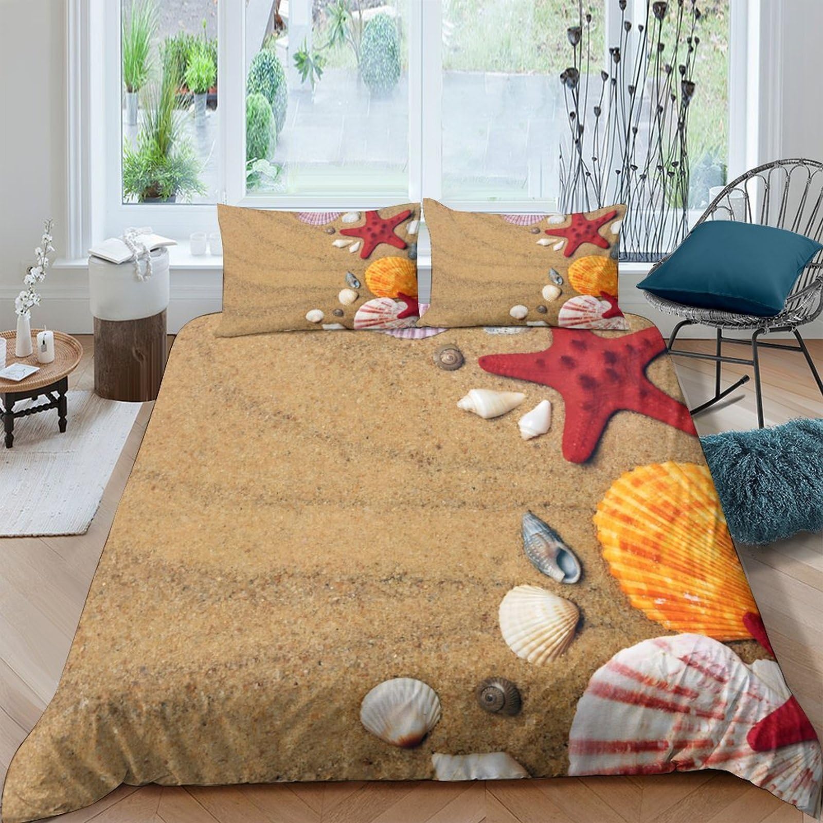 GPLZQXKJNH 3D Printed Beach Starfish Duvet Cover Microfiber Soft Breathable Seashell Quilt Cover Set with 2 Pillowcases for Bedroom Decor Single（135x200cm）