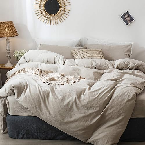 MooMee Bedding Duvet Cover Set 100% Washed Cotton Linen Like Textured Breathable Durable Soft Comfy (Heathered Tannish Linen Grey, Oversized Queen 98"x98") - Heathered Tannish Linen Grey (No Comforter) - Oversized Queen (98"x98")