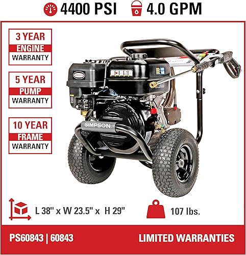 Miniatura 4 de Simpson Lavadora a presión de gas de limpieza de 4400 PSI, lavadora eléctrica de 4.0 GPM para uso comercial, motor CRX, manguera trenzada de acero
