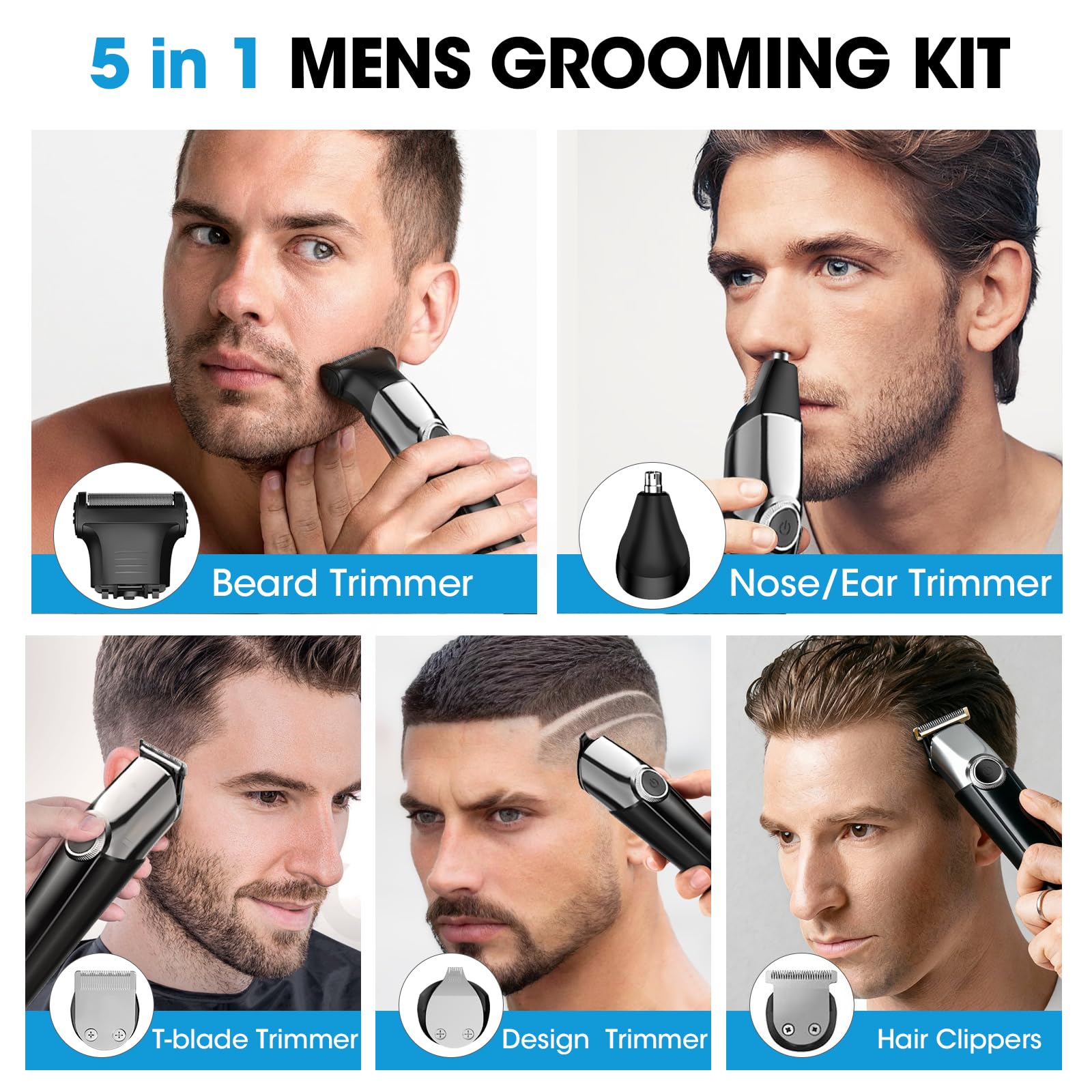 elestyle Barttrimmer Herren Haarschneidemaschine, All-In-One Trimmer Bartschneider Nasenhaartrimmer Haarschneider, USB Wiederaufladbar Rasierer Elektrisch mit 3 Scherkopf, 4 Aufsteckkämme