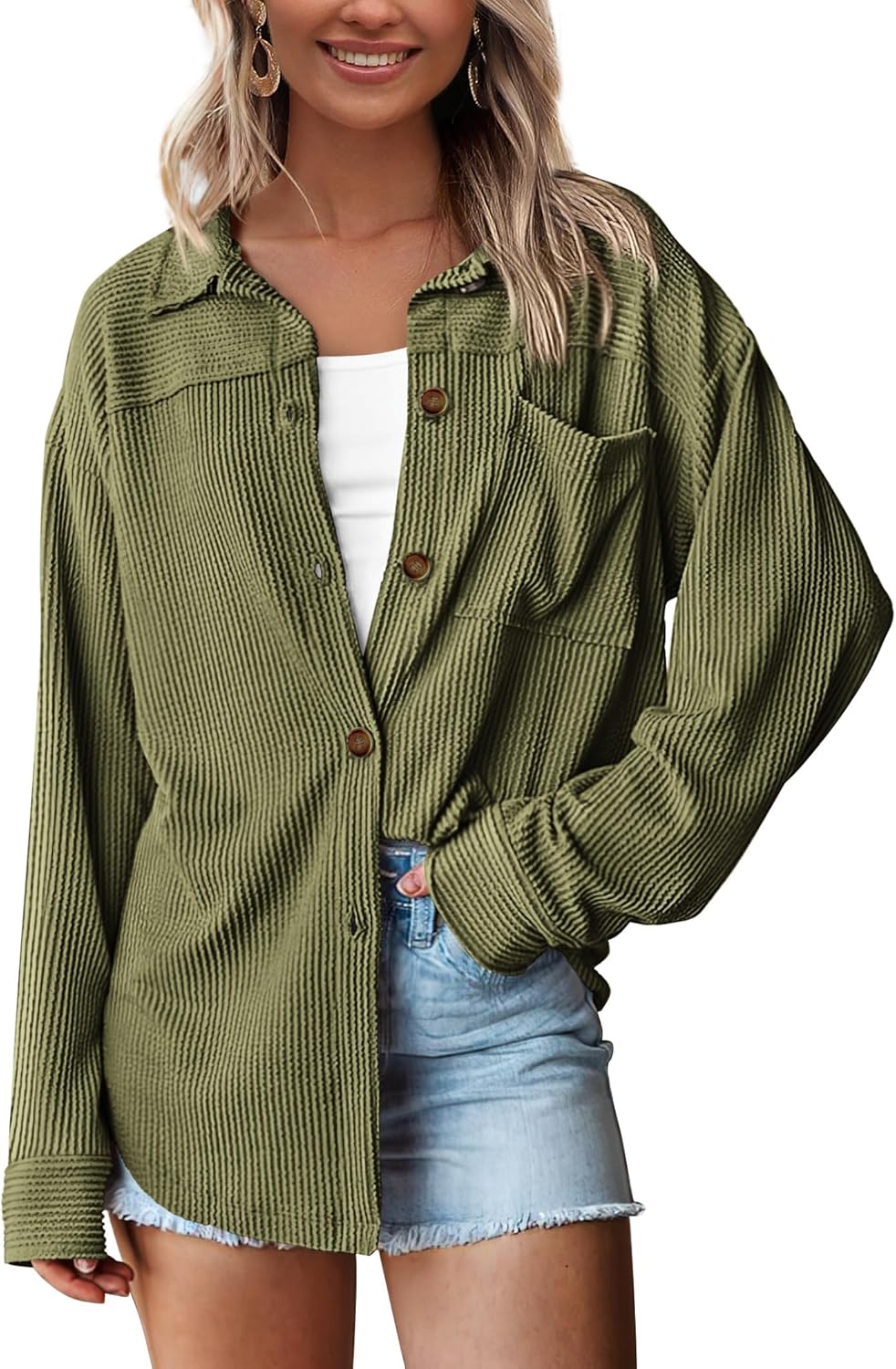PRETTYGARDEN Women's Button Down Shirts 2026 Spring Long Sleeve Textured Tops Oversized Shacket Jacket Knit Blouses