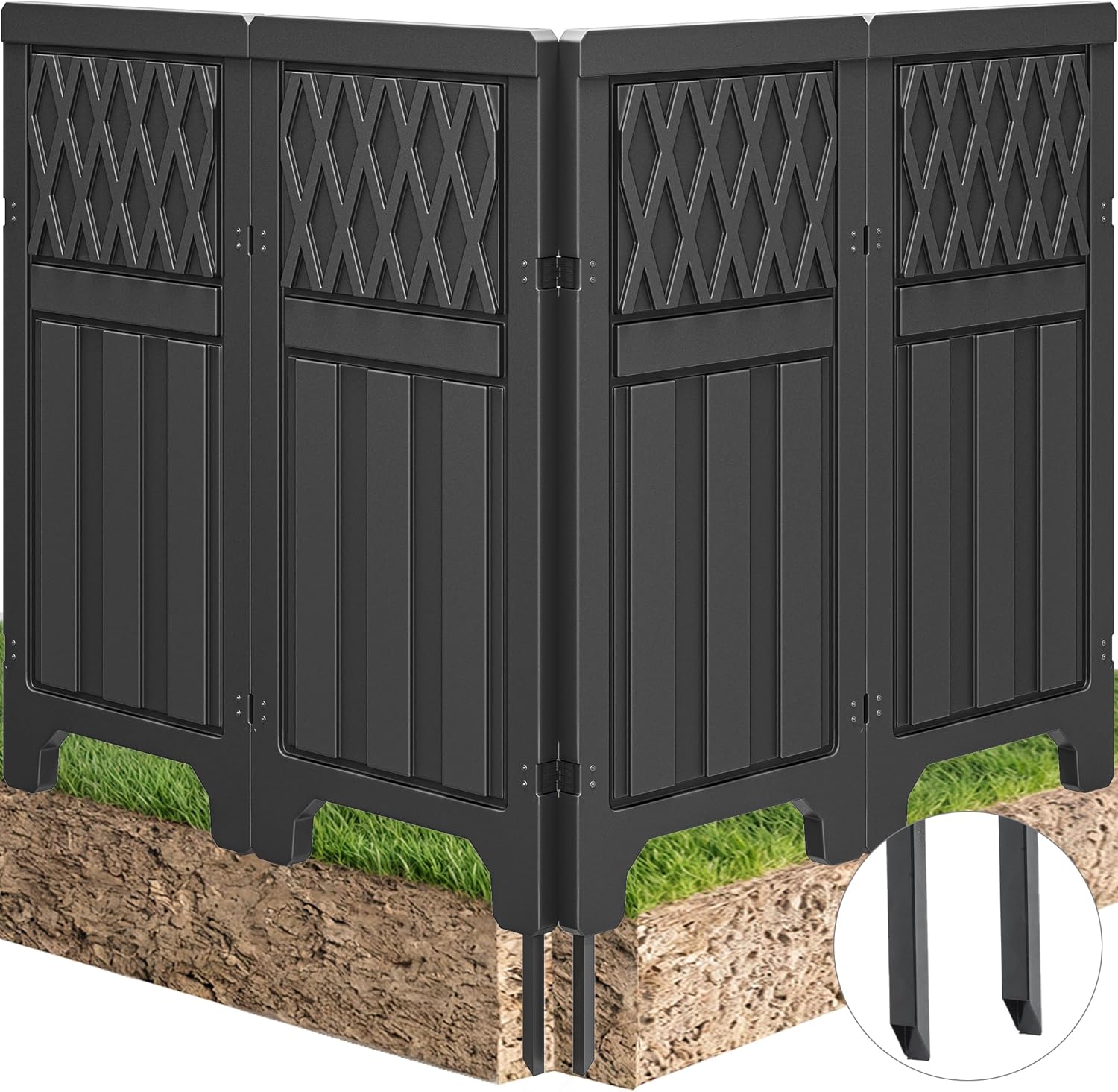 YITAHOME 4 Panels Air Conditioner Fence Privacy Screen, 44" H X 18" W Outdoor Trash Can Enclosure with Metal Stakes, Vinyl Pool Equipment Enclosure Black 35.4*35.4*43.7in Horizontal