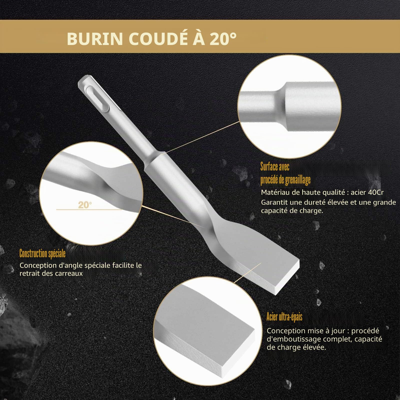 CSOOM SDS PLUS Lot de 2 burins à carrelage 75 x 165 mm et burins plats 100 x 280 mm pour carrelage, colle à carrelage, béton, pierre naturelle, maçonnerie, etc