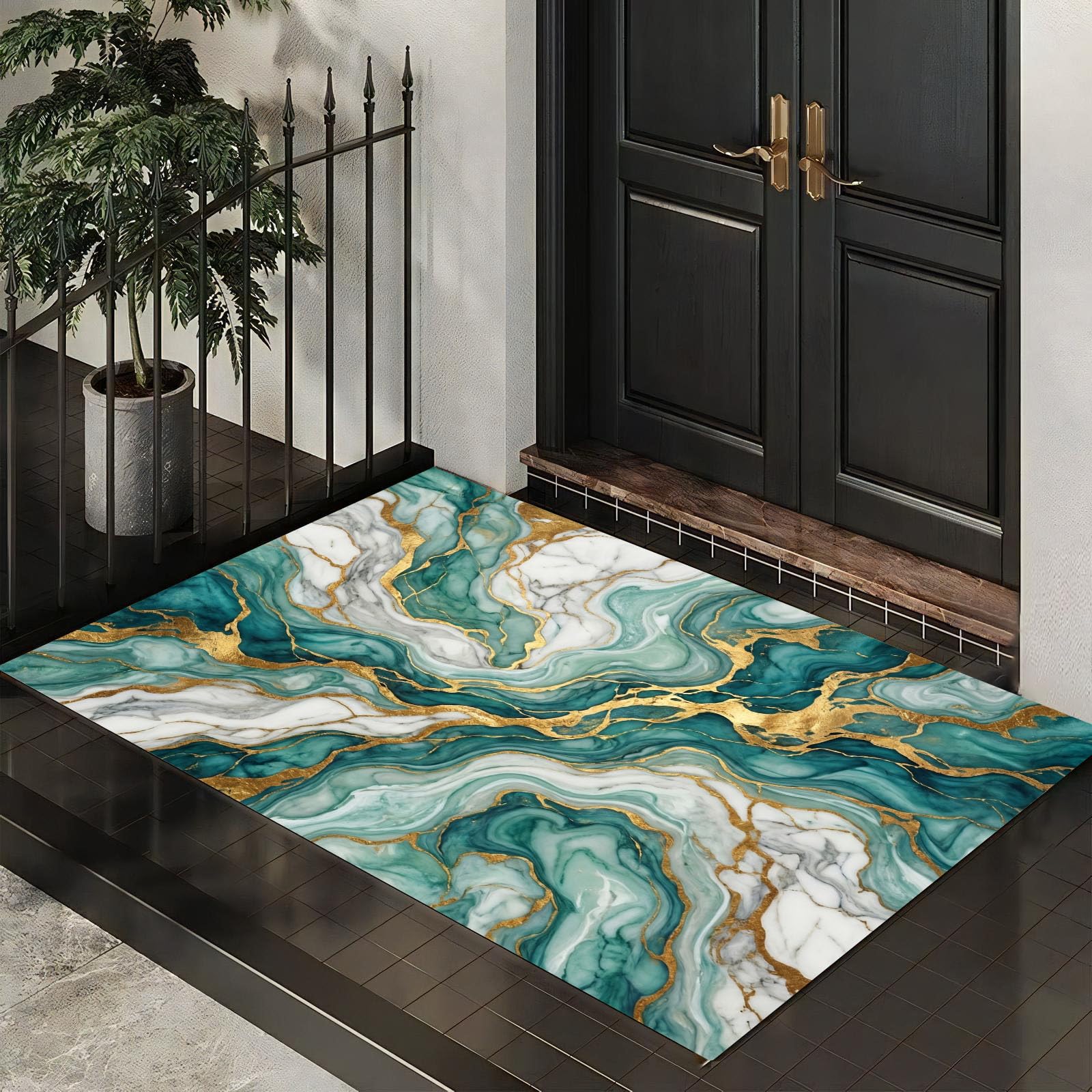 Zerbino 90X150Cm Per Interni Ed Esterni, Vortex Di Marmo Di Lusso, Tappetino Lavabile In Lavatrice, Zerbini Resistente Morbido Antiscivolo, Onde Moderne, Tappeto Ingresso, Verde Smeraldo