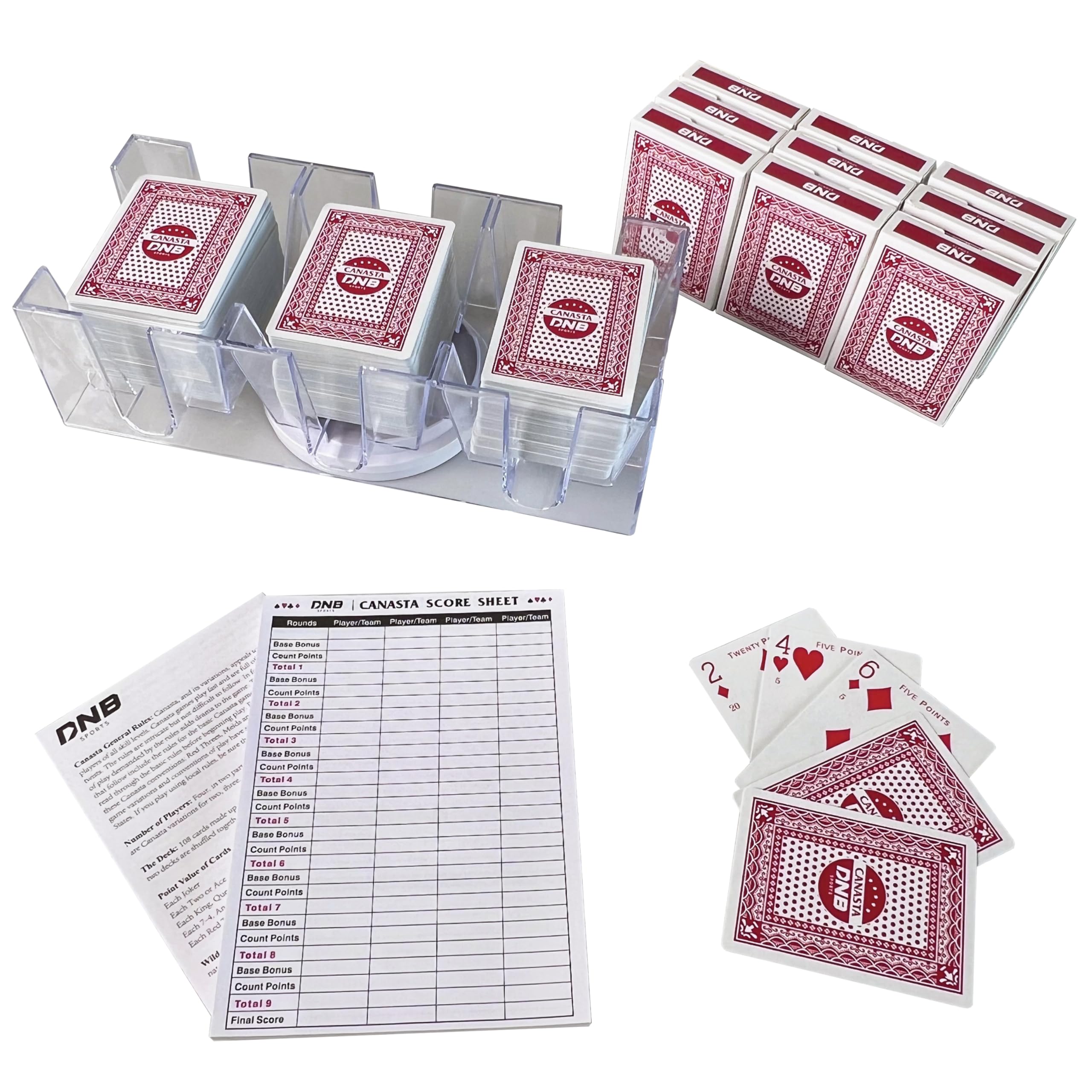 DNB Canasta Card Game Set - Includes 9 Decks of Red Scored Playing Cards a Revolving Card Tray 50-Page Score Pad and Game Instructions