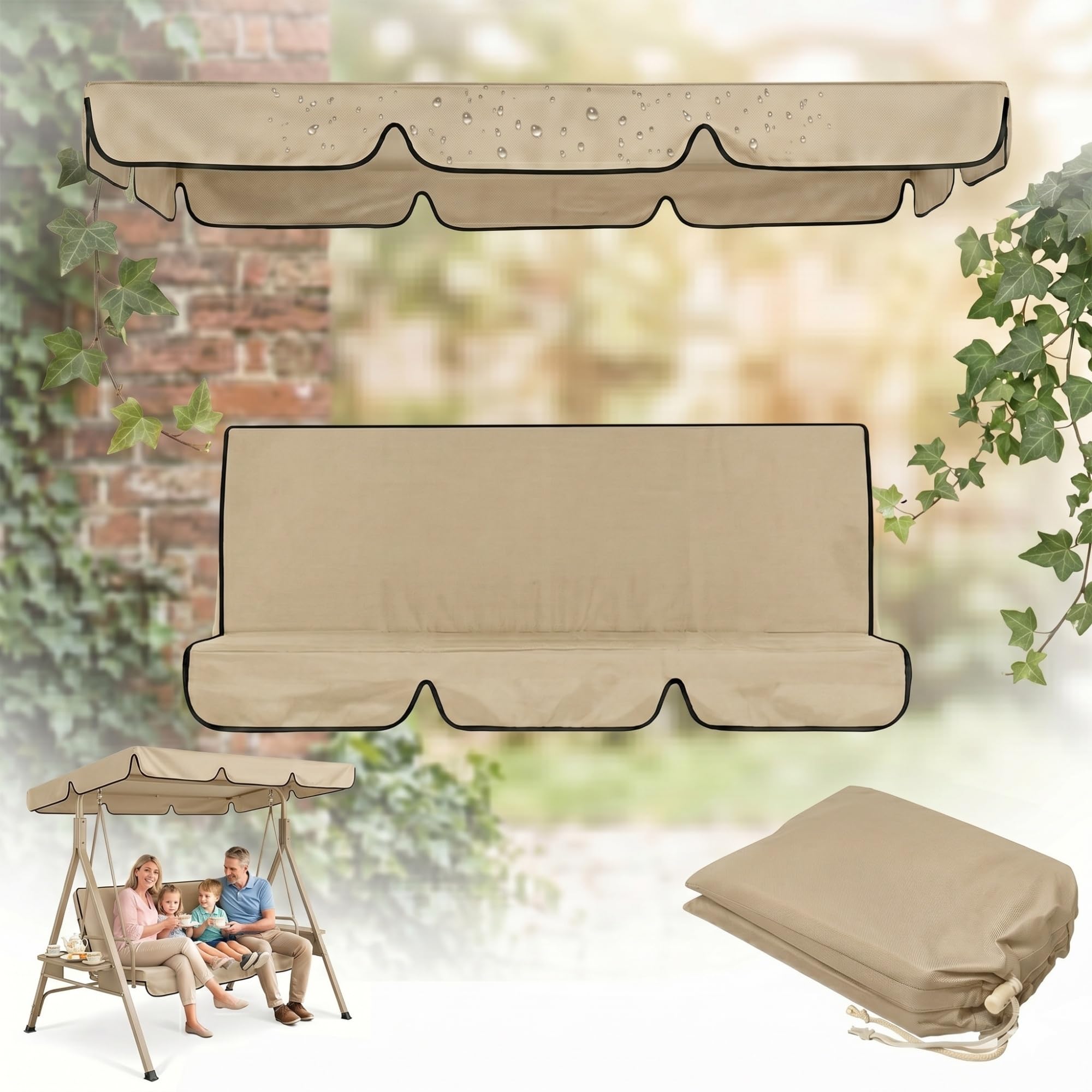 210d Garden Swing Canopy And Seat Cover Set, Heavy Duty Waterproof & Uv Resistant Replacement For 3-Seater Swing, 2-In-1 Outdoor Furniture Protector(Beige,164*114*15cm+130*45*8cm)