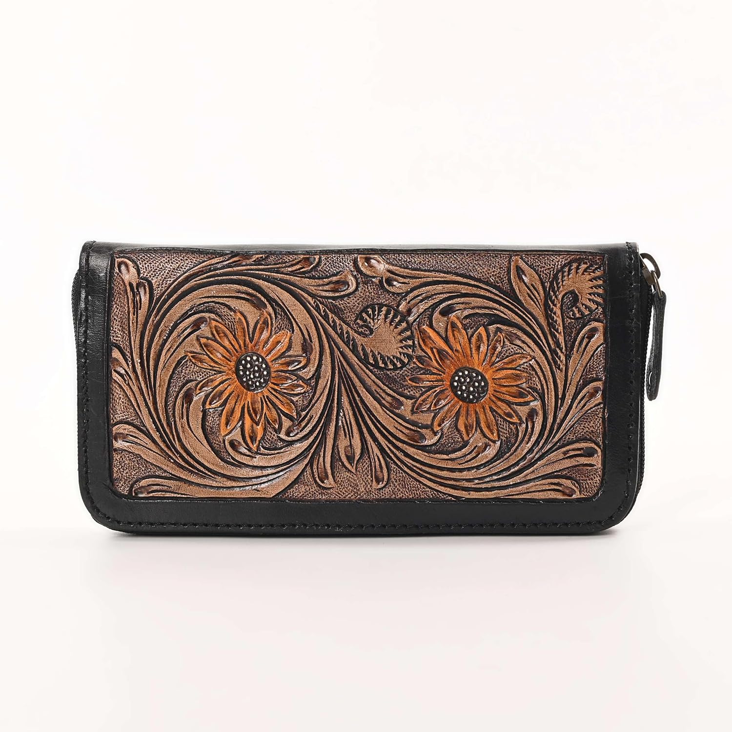 Merbaa Western Floral Tooled Leather Wallet for Women – Handcrafted Zip-Around Cowgirl Purse with Sunflower Design | Vintage Style Leather Organizer for Everyday Use - Image 6