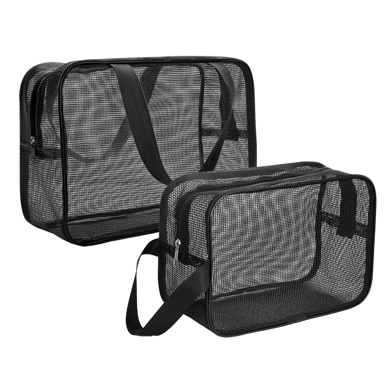 Adorila 2 Pack Travel Mesh Shower Caddy Portable Bag, Shower Organizer Toiletry Storage Pouch with Quick Drying Mesh, Large Capacity Shower Tote Bag for Dorm Gym Beach (Black)