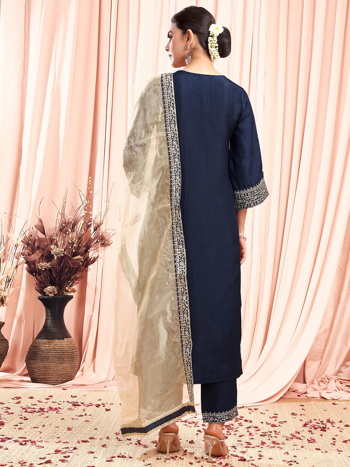 Sanisa Women's Silk Sequence And Embroidery Work Lace Straight Kurta With Pant And Dupatta Set (104Kbd1137Nb-S_Navy Blue)