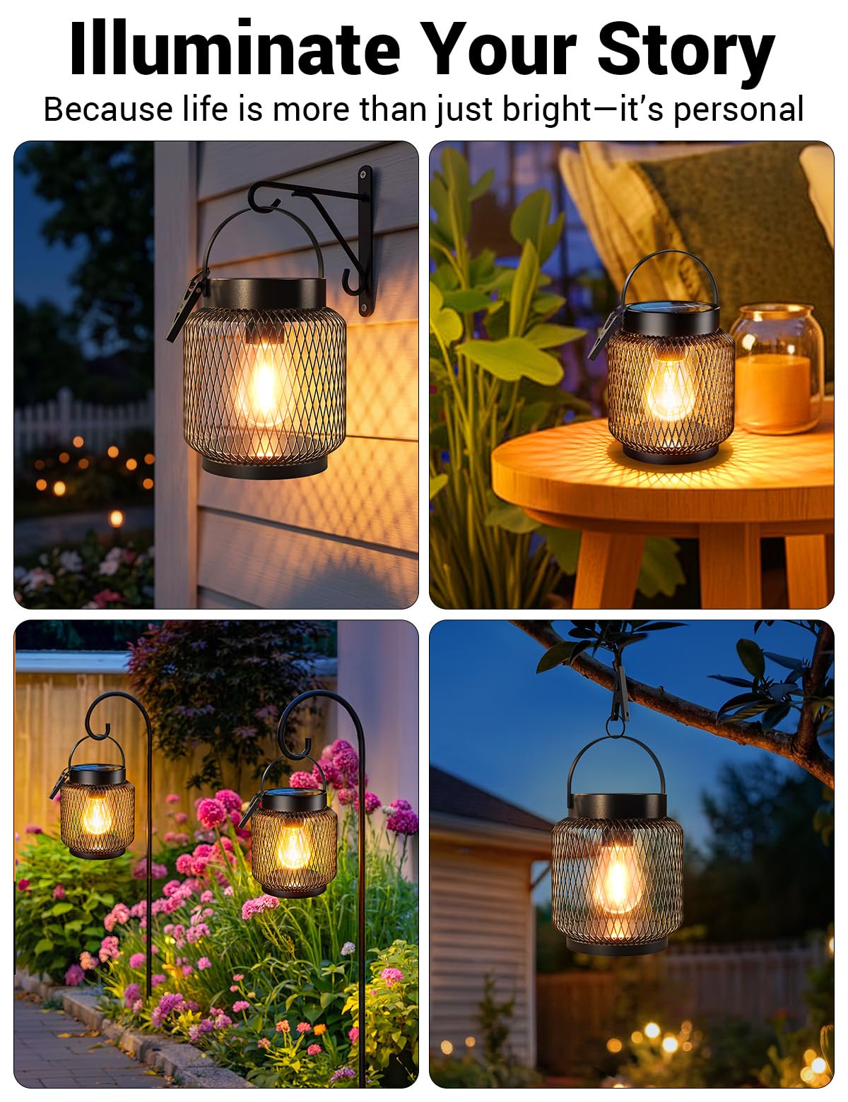 GEARLITE Solarlampen für Außen Hängend/Stehend, 2 Stück Metall Solar Laternen für Draußen mit Größer LED-Glühbirne, IP65 Wasserdicht Laterne für den Garten, Balkon, Outdoor, Terrassen, Warmweiß