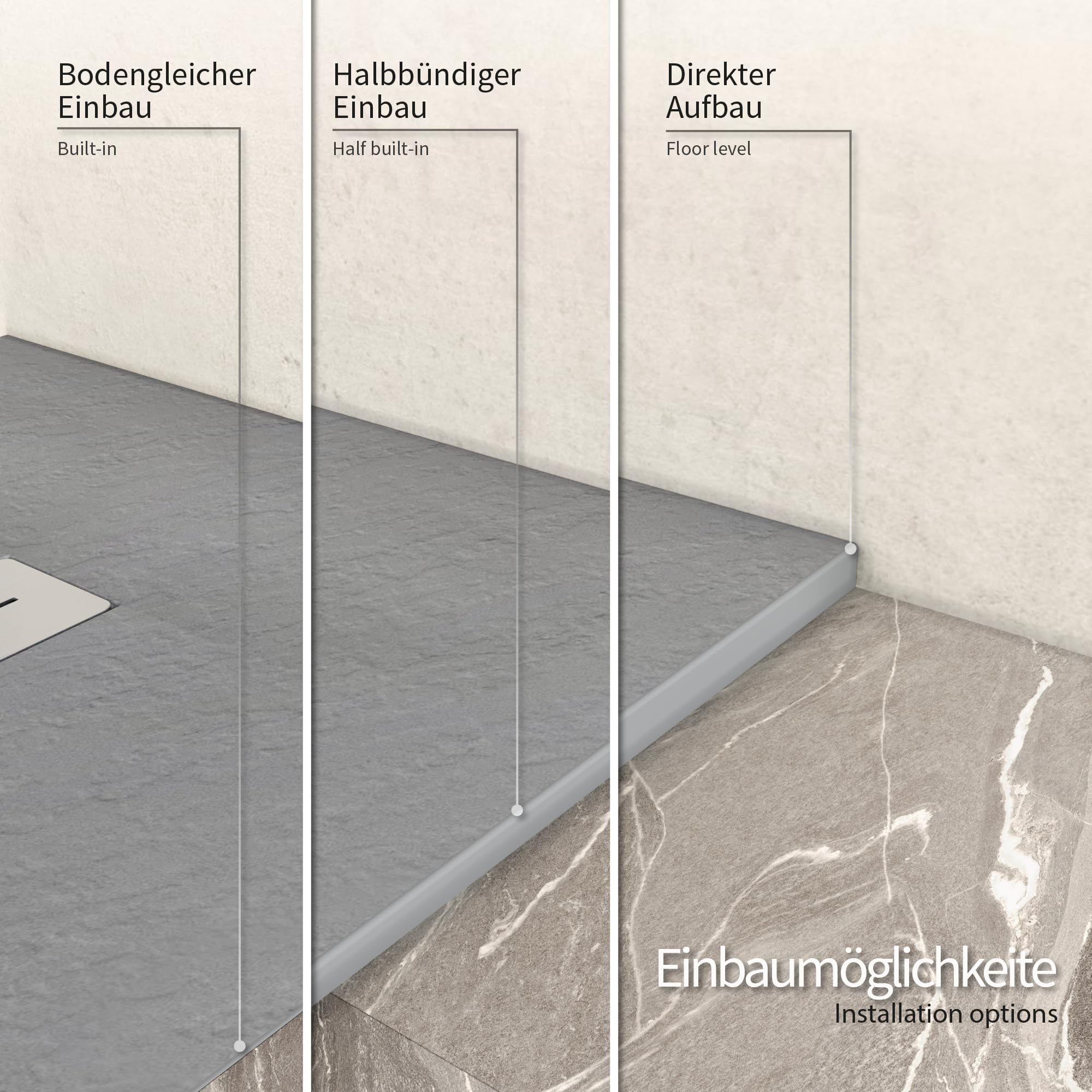 SMC Duschwanne LUMIA 80x180 cm Grau RAL7030 extra flache robuste Duschtasse, ANTI-Rutsch-Oberfläche in Schieferoptik inkl. Ablaufgarnitur und Edelstahl Deckel