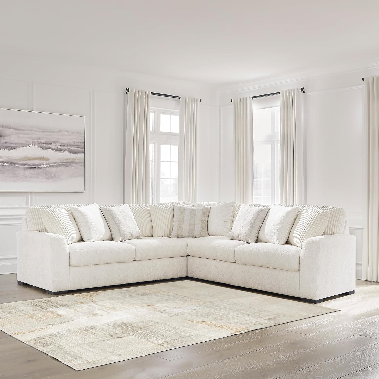 Signature Design by Ashley Chessington Modern L-Shaped Anti Sag 3-Piece Sectional with Reversible Seat Cushions and 9 Accent Pillows, White