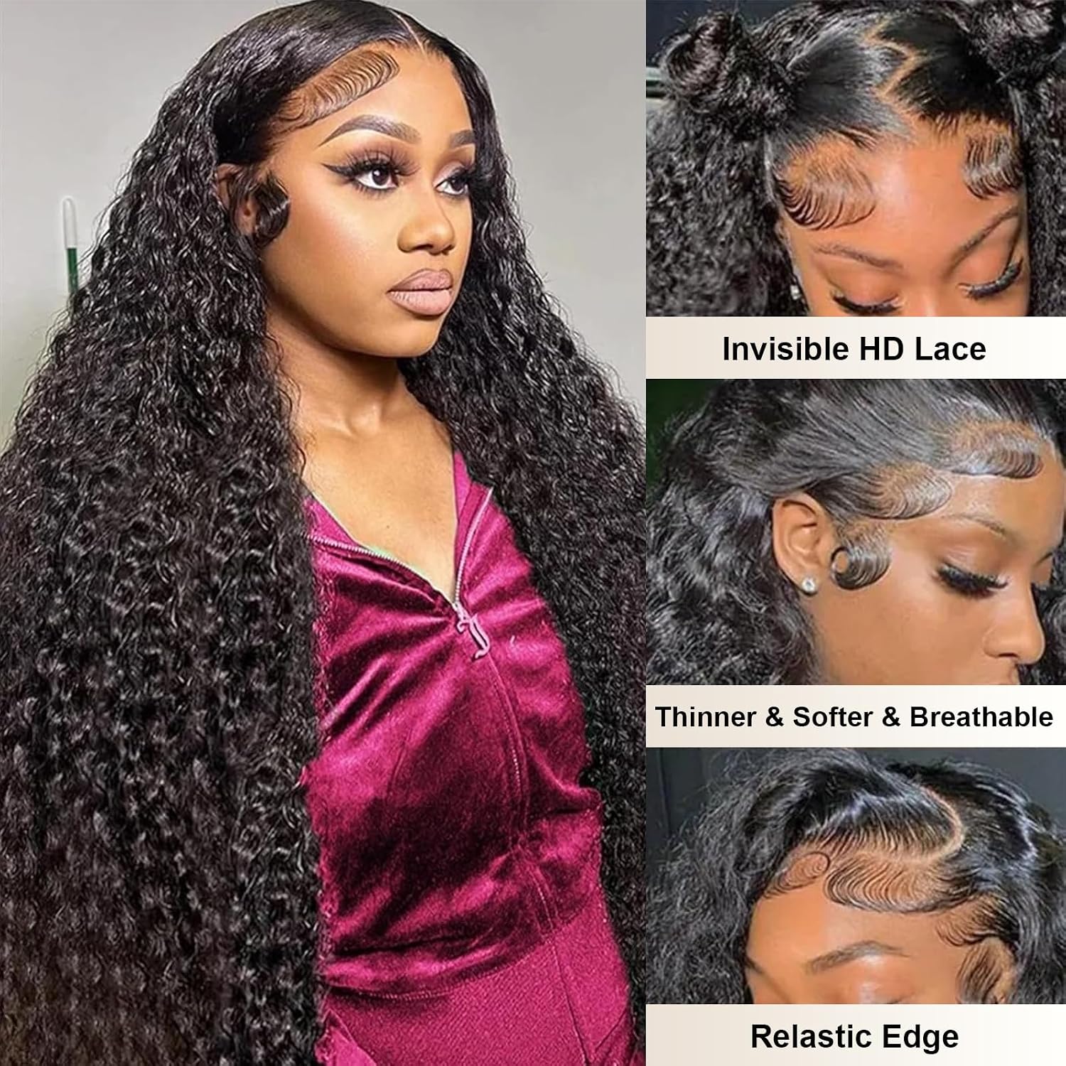 Aimking 38 Inch Lace Front Wig Human Hair Pre Plucked 180 Density 13x6 HD Deep Wave Lace Frontal Wigs Human Hair with Baby Hair Curly lace front Wigs for Women Natural Black
