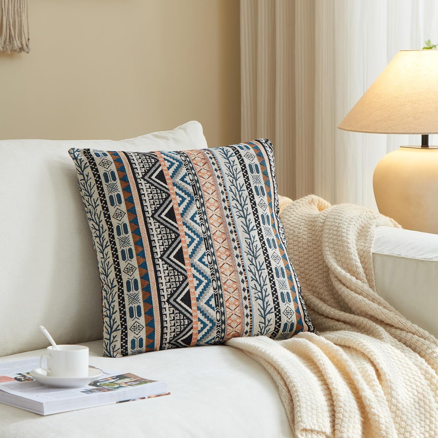Boho Throw Pillow Covers 20x20 Set of 2 - Cotton Linen Decorative Pillows for Couch, Rustic Farmhouse Cushion Covers for Living Room Bed Sofa, Soft Holiday Accent Decor, Amber Elegance