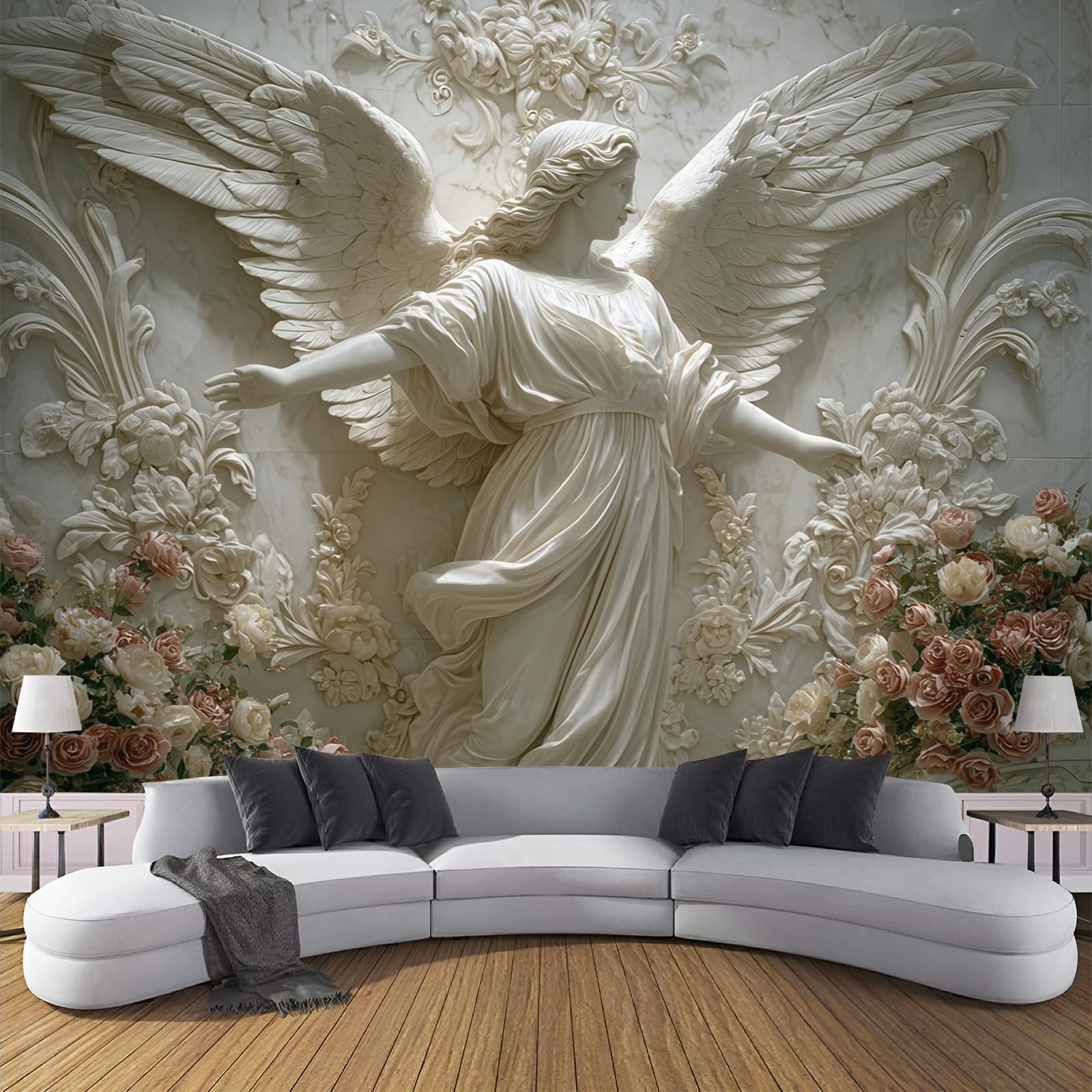 3D Wall Mural European-Style 3D Relief Design Photo Wallpaper, Luxury White Marble Angel Pattern Wall Mural Decoration Poster Picture 98" x 69" Murals for Living Room Kids Bedroom,Ivory