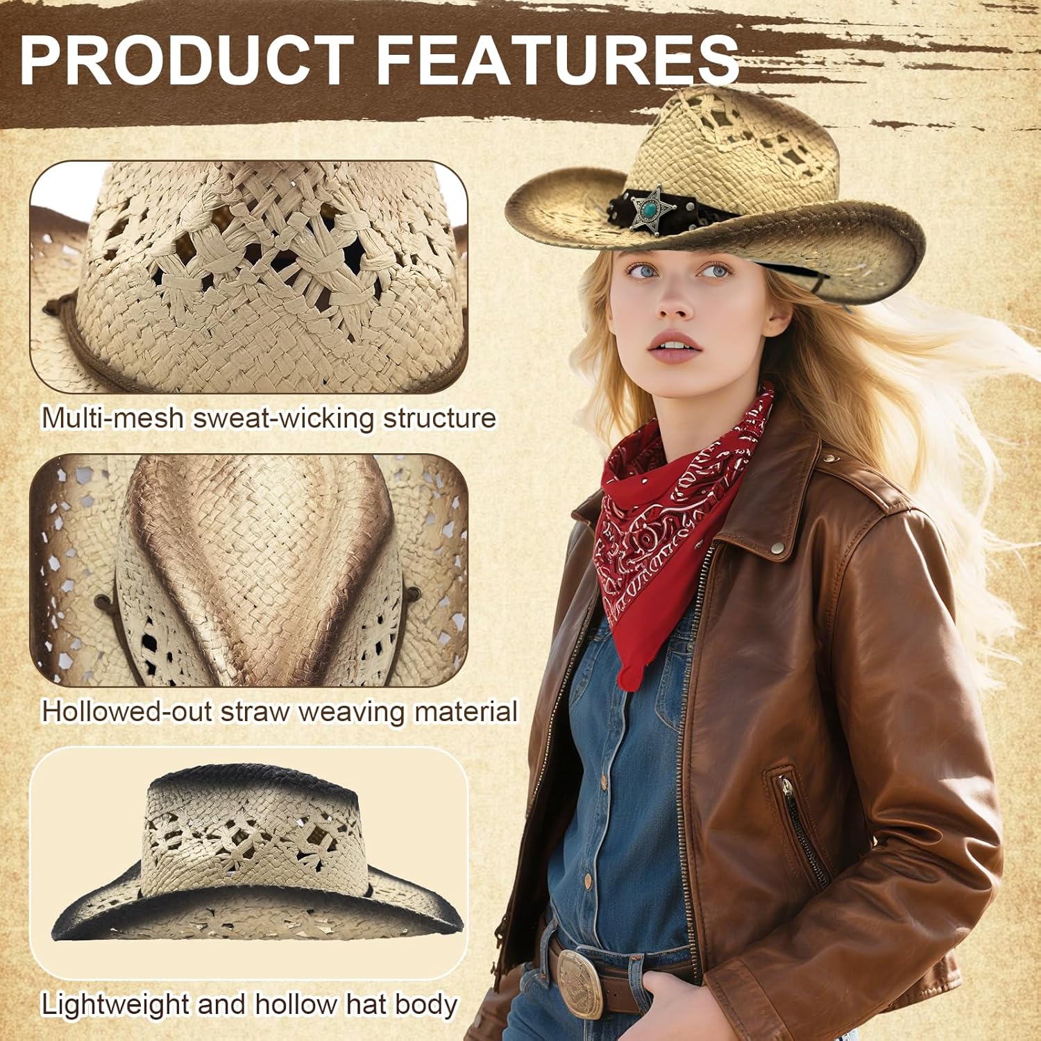 Western Woven Straw Hat Cowboy Cowgirl Printed Hat Round Up Sun Hat with Windproof for Men and Women - Image 5