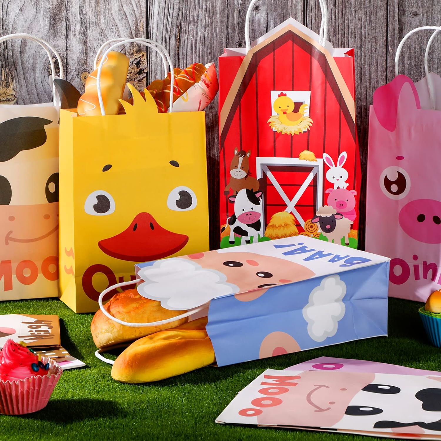 Tallew 24 Pack Farm Animal Party Favor Bags with Handles Farm Barnyard Treat Goodie Bags Kraft Paper Candy Gift Party Supplies for Kids Birthday Baby Shower Supplies Decorations - Image 4