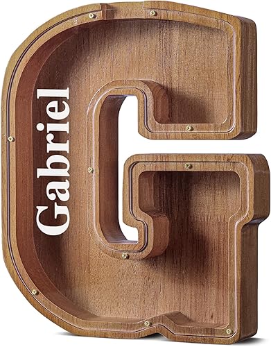 Miniatura 48 de SummiDate Alcancía de madera con nombre, niños y niñas, tamaño grande, letras alfabeto A-Z, monedas y billetes, inicial en cubierta transparente