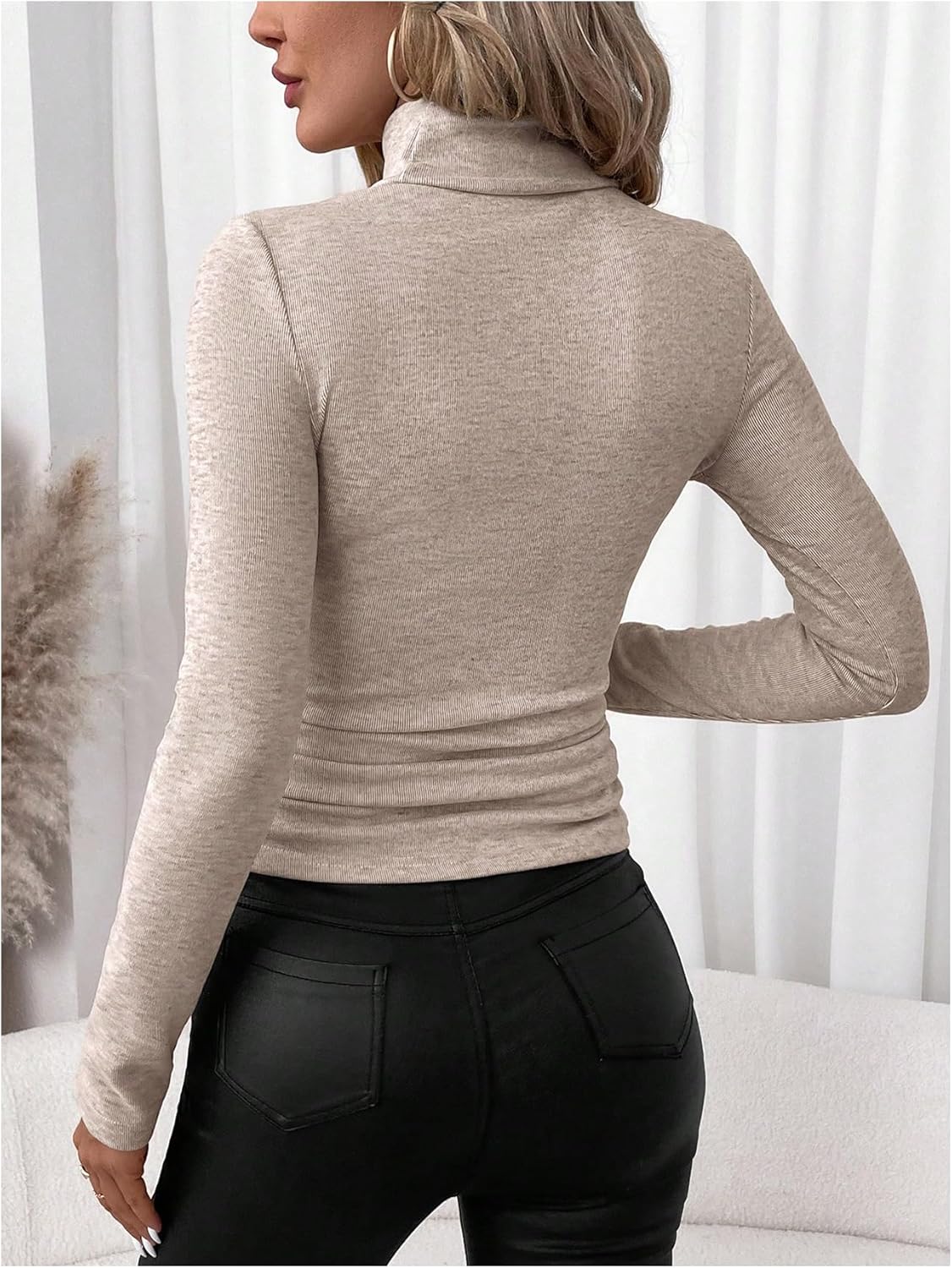 Women's Turtleneck Long Sleeve T Shirts Ruched Ribbed Knit Dressy Casual Tops Basic Tees - Image 2