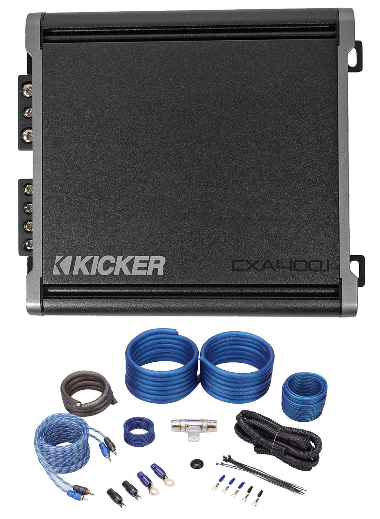 Kicker Bundle: (1) 46CXA4001T CXA400.1 400 Watt Mono Class D Car Audio Amplifier Amp Bundle with (1) Rockville RWK41 4 Gauge Complete Car Amp Wiring Installation Wire Kit with RCA's (2 Items)
