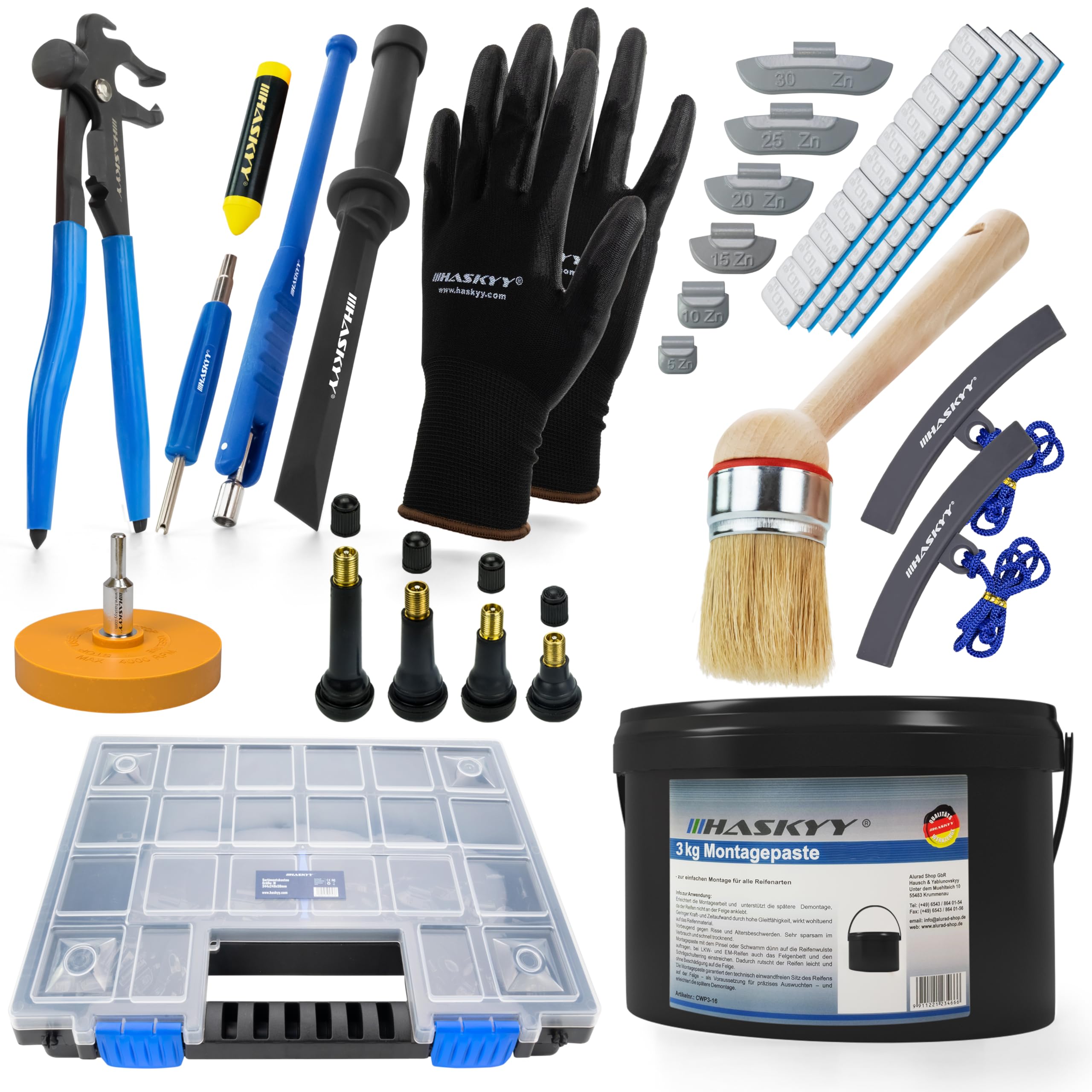 HASKYY Kit Completo Montaje Neumáticos 336 pzs - Pasta Montaje Negra 3 kg, Pesas Equilibrado Adhesivas y de Golpe, Válvulas TR412/413/414/418, Alicate Pesas, Extractor Válvula, Borrador Adhesivo, Caja