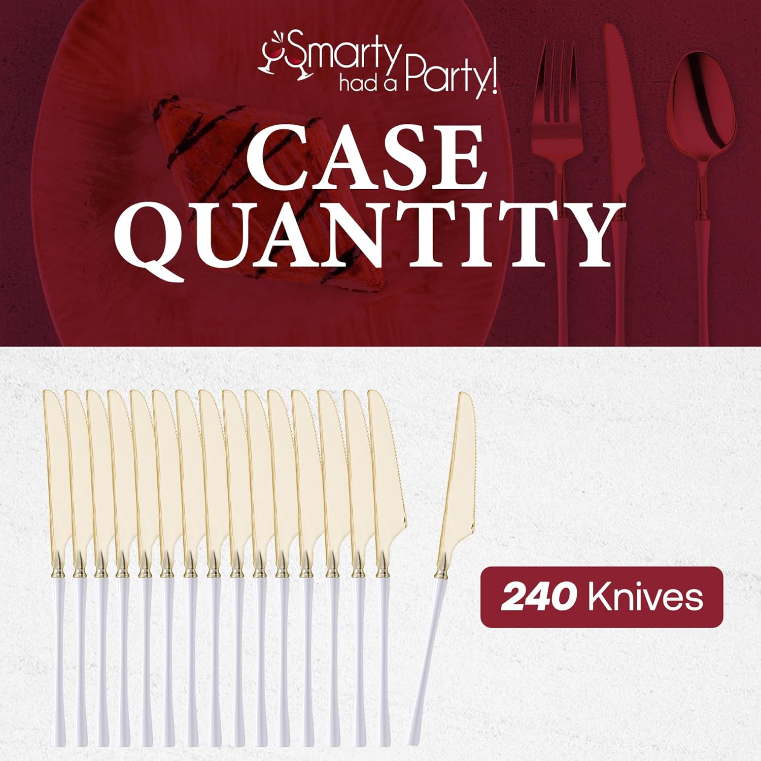 Gold with White Handle Disposable Plastic Knives – 240-Pack Heavy-Duty 8.8 Inch BPA-Free Cutlery, Elegant Gold and White Knives for Weddings, Parties, Catering Events – Premium Disposable Silverware