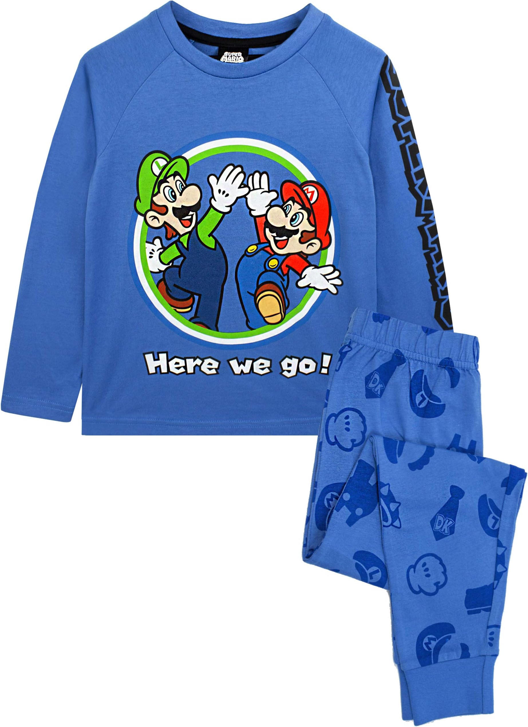 Super Mario Pyjamas Luigi Boys Long Sleeve Kids Blue T-Shirt & Trousers PJ Set