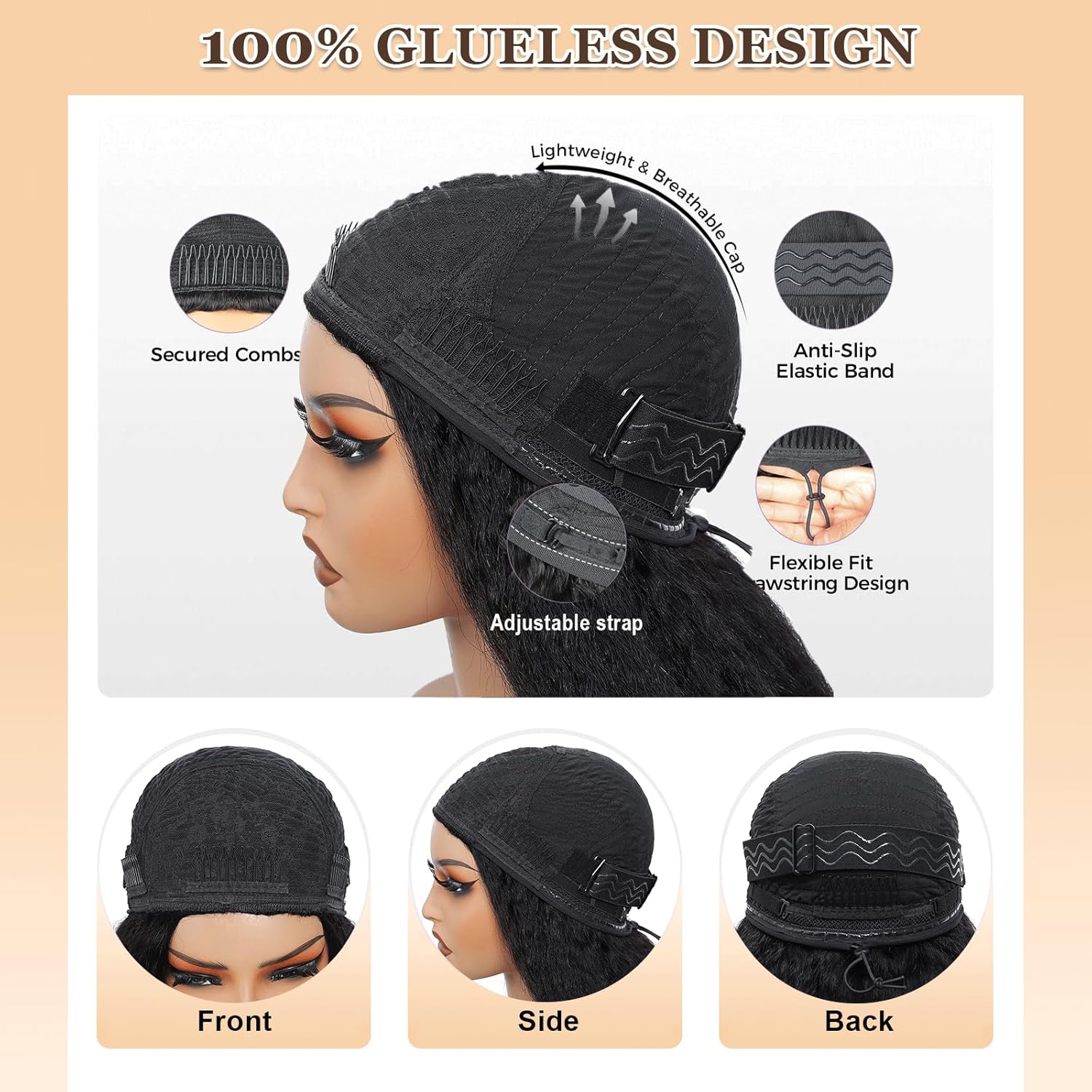 Kinky Straight Half Wig Human Hair 3 In 1 Seamless Flip Over Half Wigs for Black Women Ready to Go Headband Wig 180% Density Drawstring Kinky Curly Half Wig Glueless Natural Black 22 Inch - Image 3