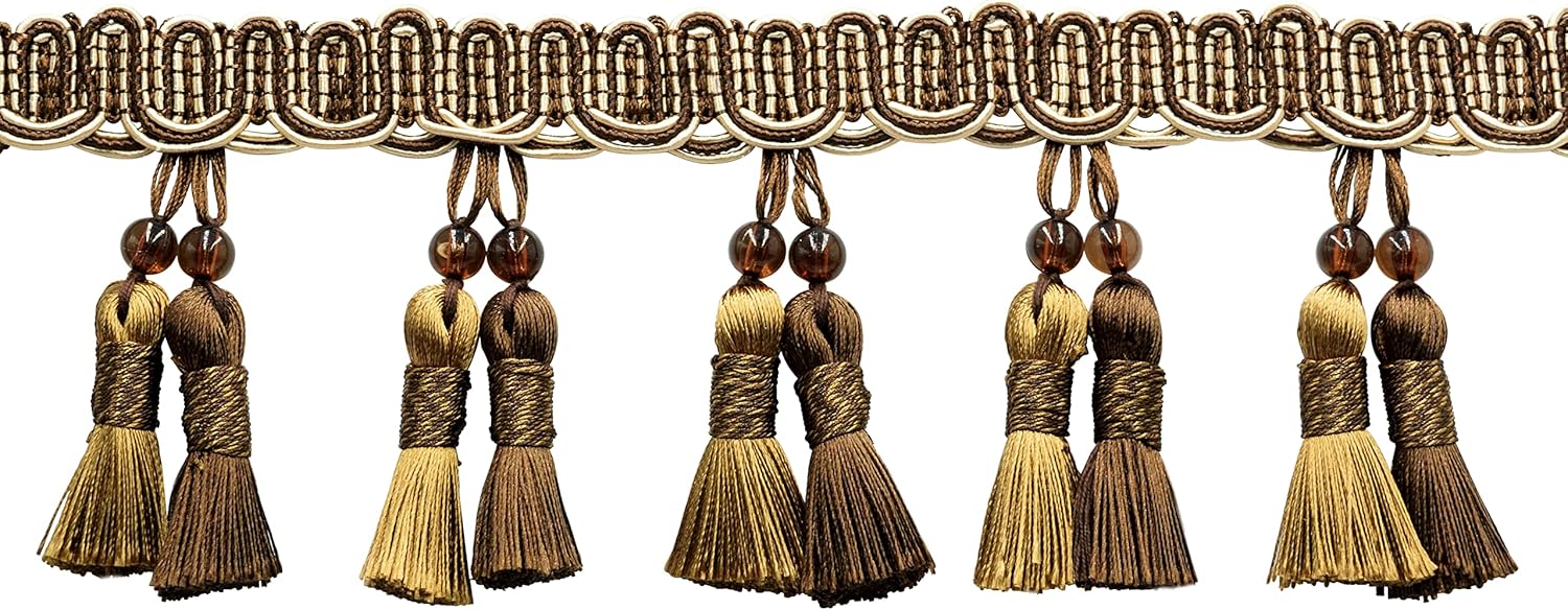 DÉCOPRO 4" Long (10cm) Noblesse Collection Elegant Beaded Tassel Fringe Trim (BTFH4) Cappuccino Brown #D2A2 (Chocolate Brown Light Beige Light Brown) 5 Yards (15 ft/4.5m)
