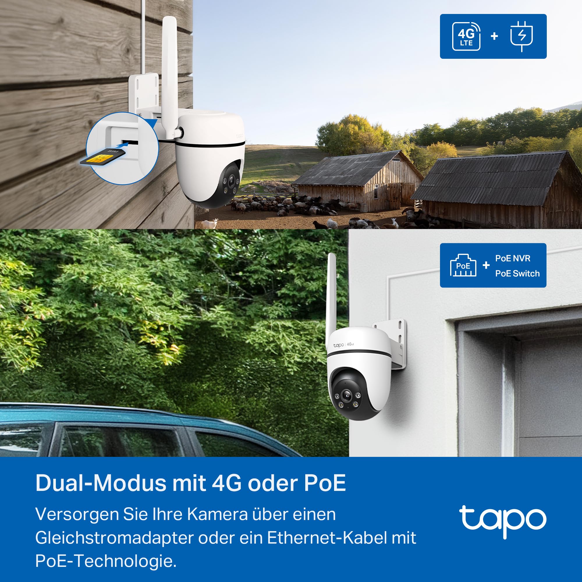 Tapo C501GW 360° 4G LTE Überwachungskamera mit SIM-Kartenslot, kein WLAN erforderlich, Starlight farbige Nachtsicht, AI-Erkennung, DC/PoE-Stromversorgung, IP66, lokaler und Cloud-Speicher, kein WLAN