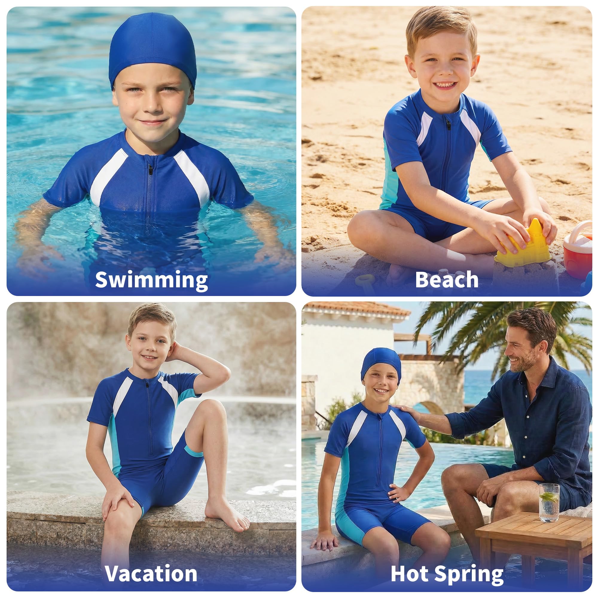 Maillot de Bain Fille et Garçon, Combinaison de Natation Une Pièce à Manches Courtes avec Fermeture Éclair+Bonnet, Enfant Costume de Bain pour Piscine et Plage Été, 4-12 Ans