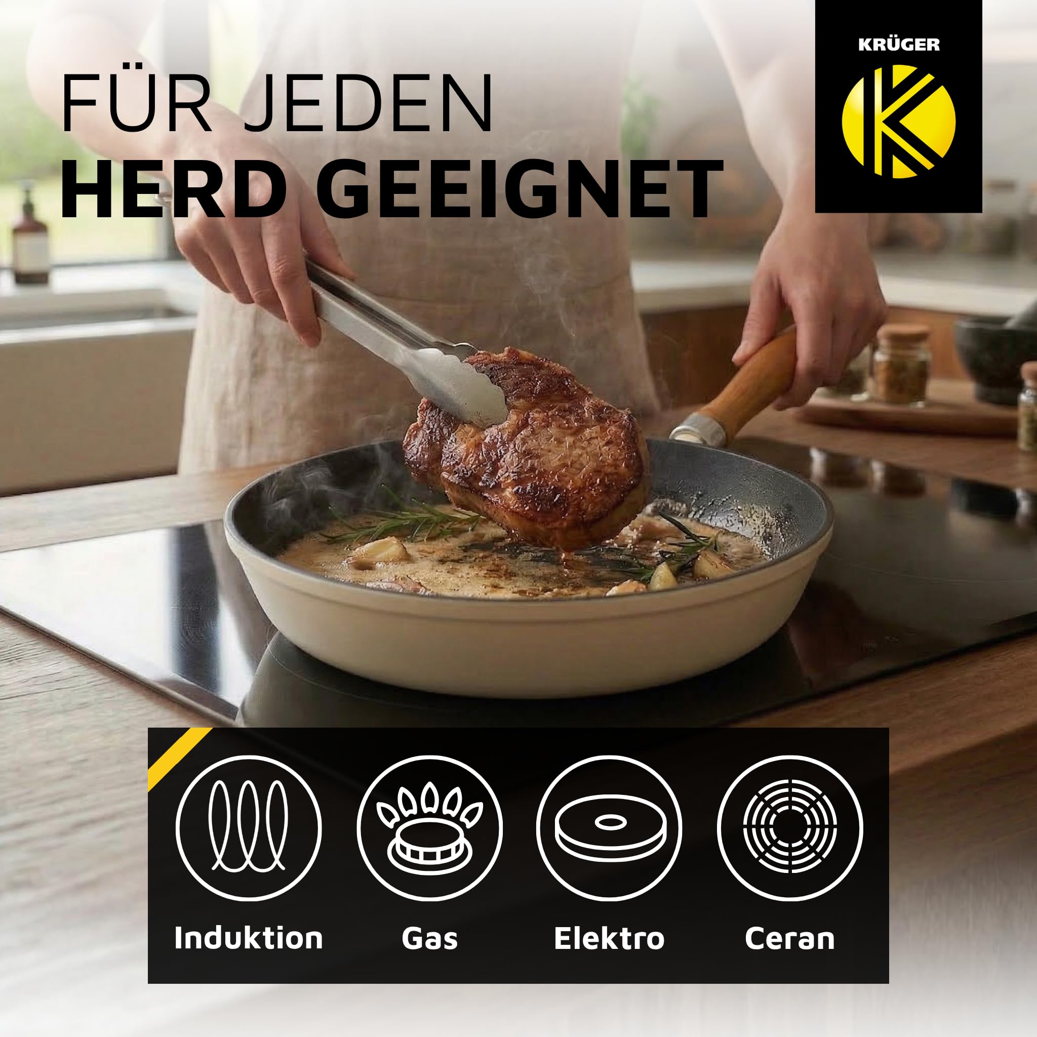 Krüger Gusseisenpfanne mit Holzgriff - emailliert - außen creme, innen schwarz matt - hohe Hitzebeständigkeit - sehr gute Wärmespeicherung -für alle Herdarten inkl. Induktion geeignet (Savanna, 24 cm)