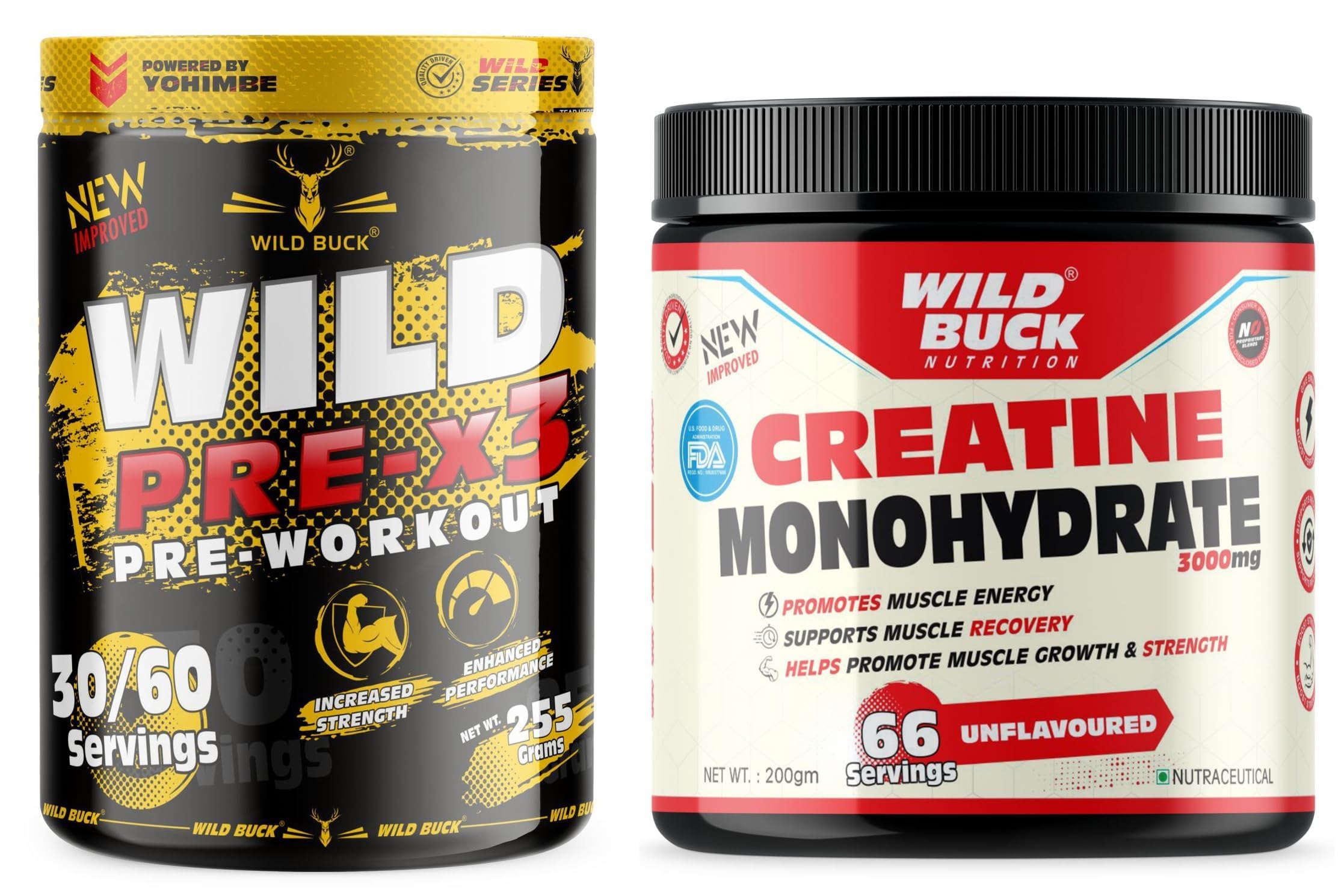 WILD BUCK Wild Pre-X3 Hardcore Pre-Workout Supplement Powder, Energy Drink Monohydrate, Men,Women [30-60 Servings, American Cola, 255G] + Creatine Monohydrate Powder [66 Servings, Unflavoured]