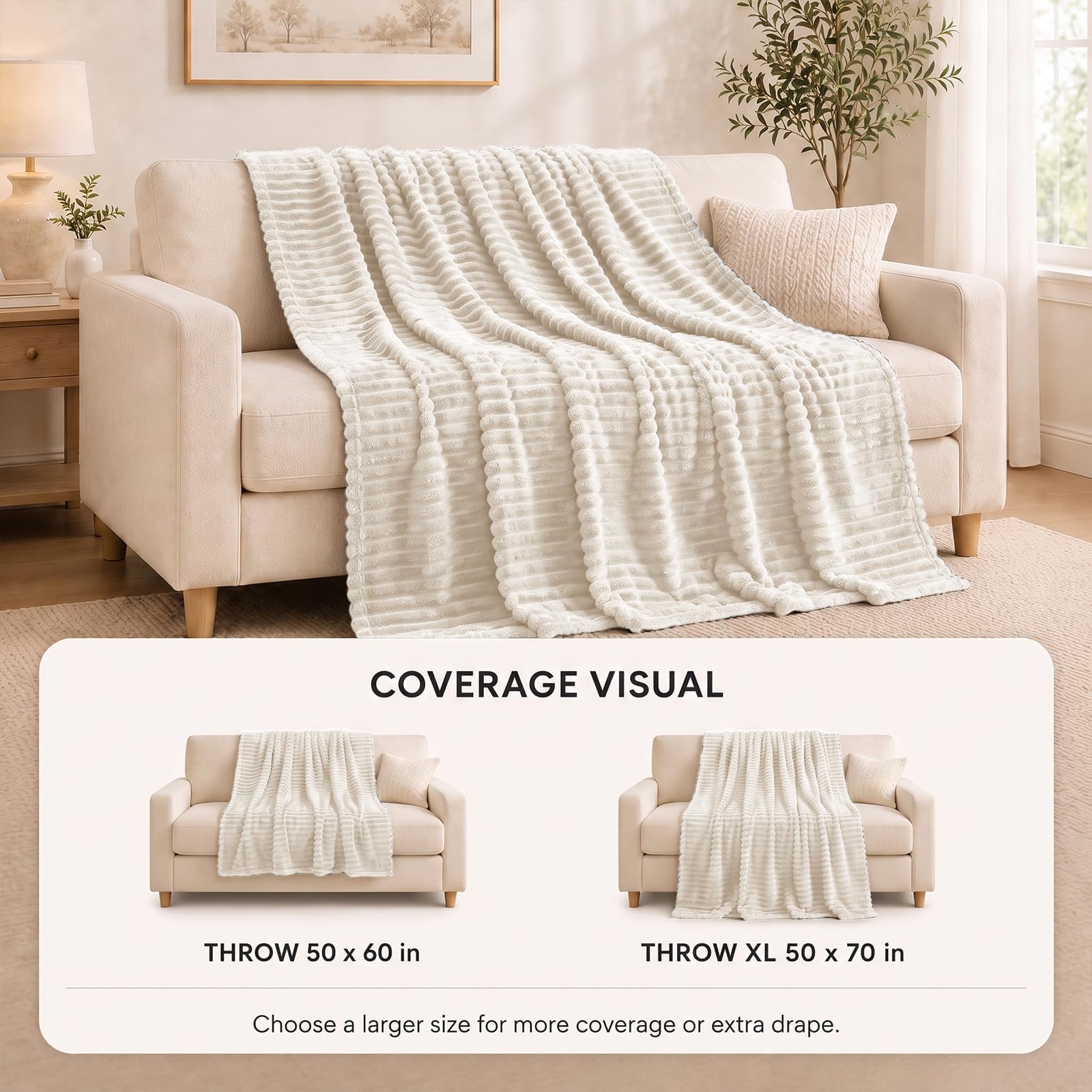 HIMEET Beige Throw Blanket for Couch, 300GSM Ribbed Fleece, 50 x 60 Inches view 3