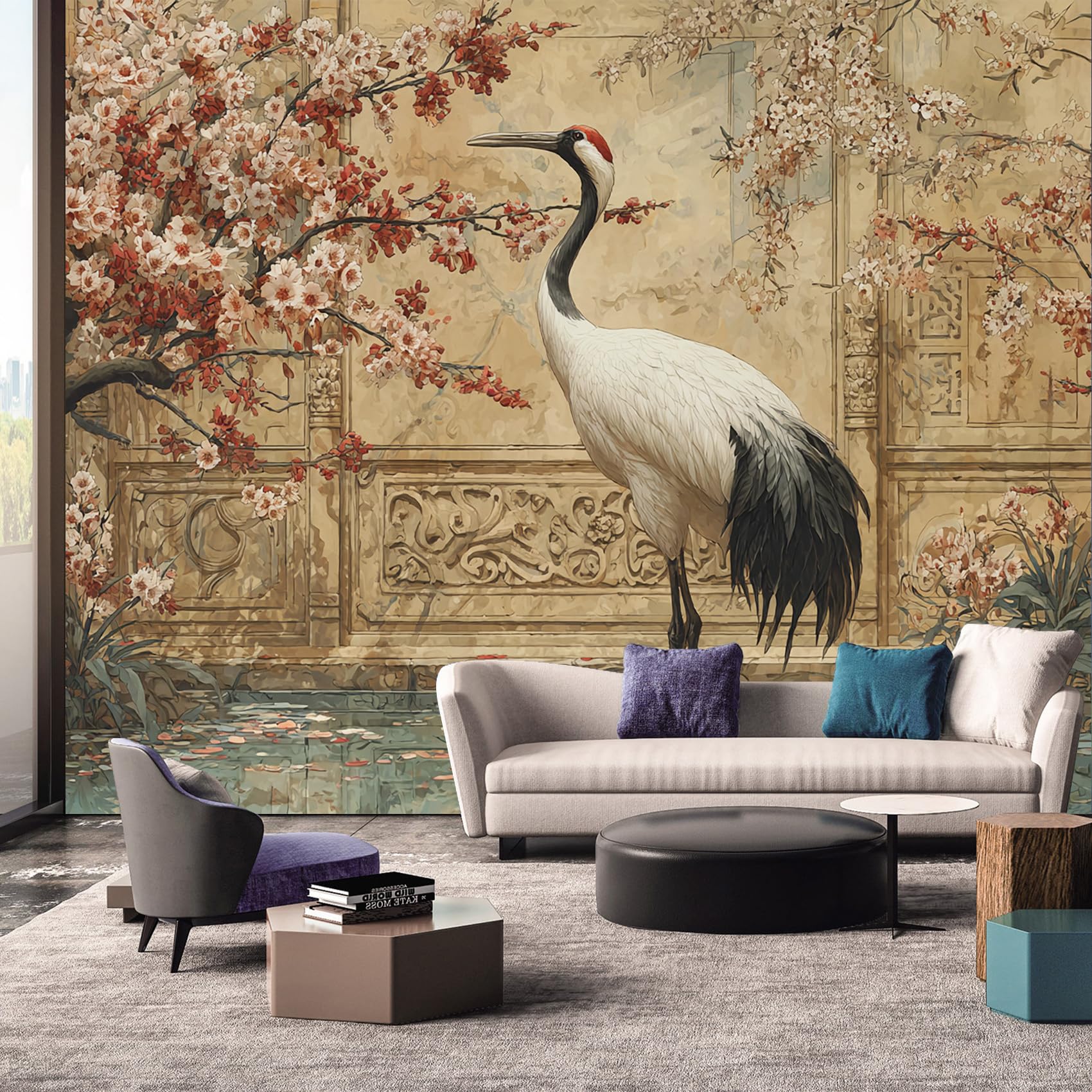Chinese Wallpaper, Japanese Animal Bird Floral Wallpaper Murals, Chinese Room Decor Wall Art for Bedroom Kitchen Living Room 450L x 315W cm