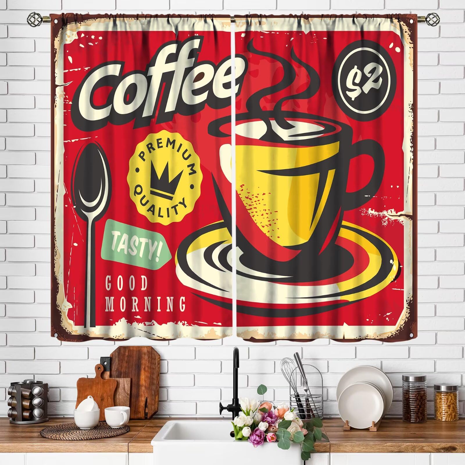 ZhiRain Retro Style Coffee Sign Curtains Coffee Cup Drawing On Old Red Background Curtain with Rod Pocket for Bedroom Living Room Home Decor Drapes