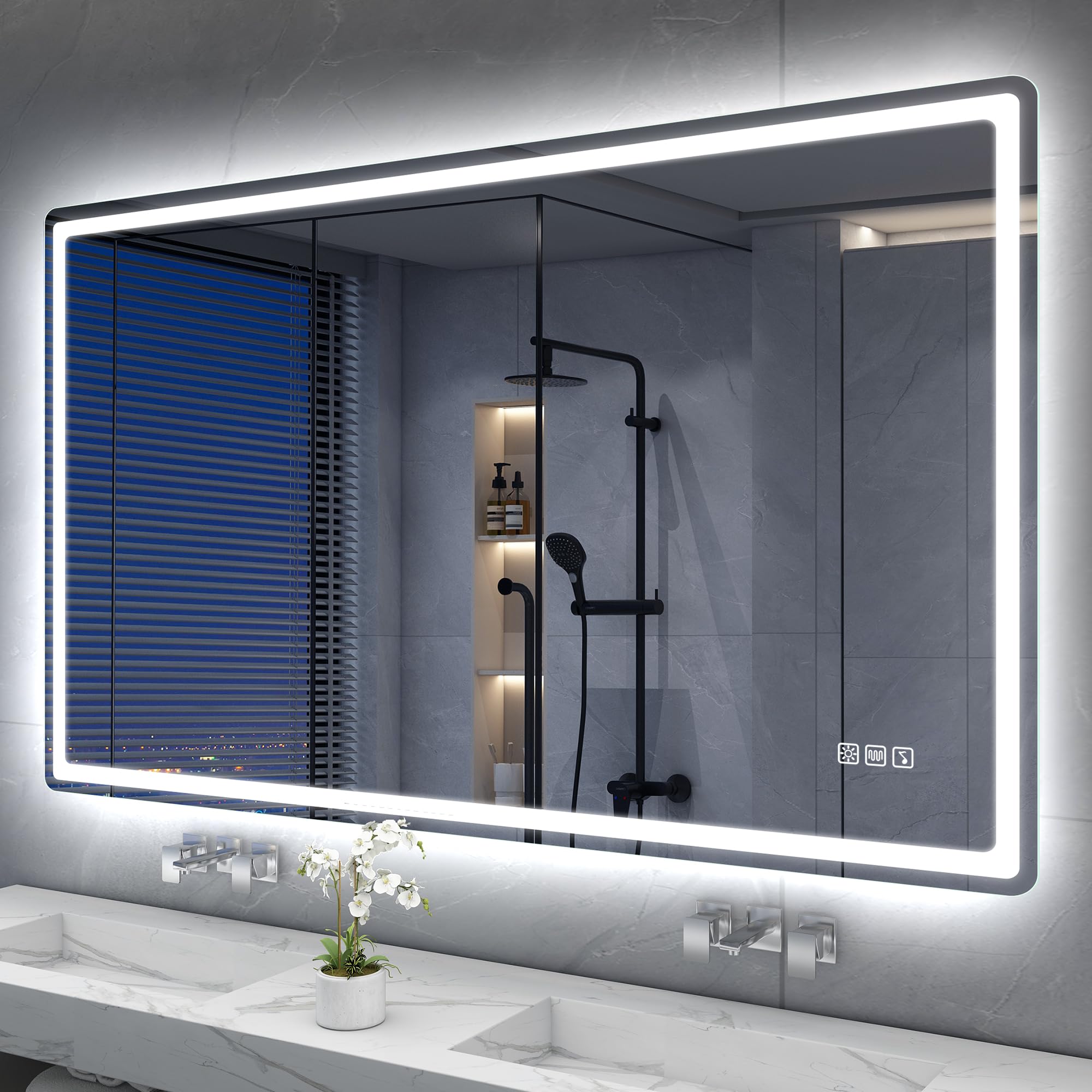 Espejo-Baño-con-Luz 120x70cm, Espejo-Baño-LED-Bluetooth con Función Antivaho, 3000K/4000K/6500K, Regulable, Memoria, Cristal Templado HD, IP44-Espejos-de-Baño-con-LED, Horizontal/Vertical